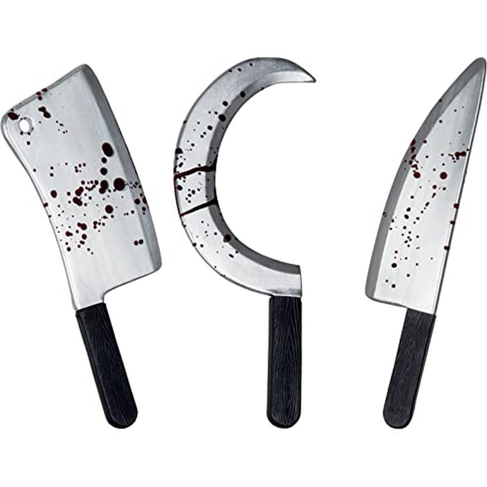 Horror Weapons Set - 3 Blood Splattered Plastic Props for Halloween Decor