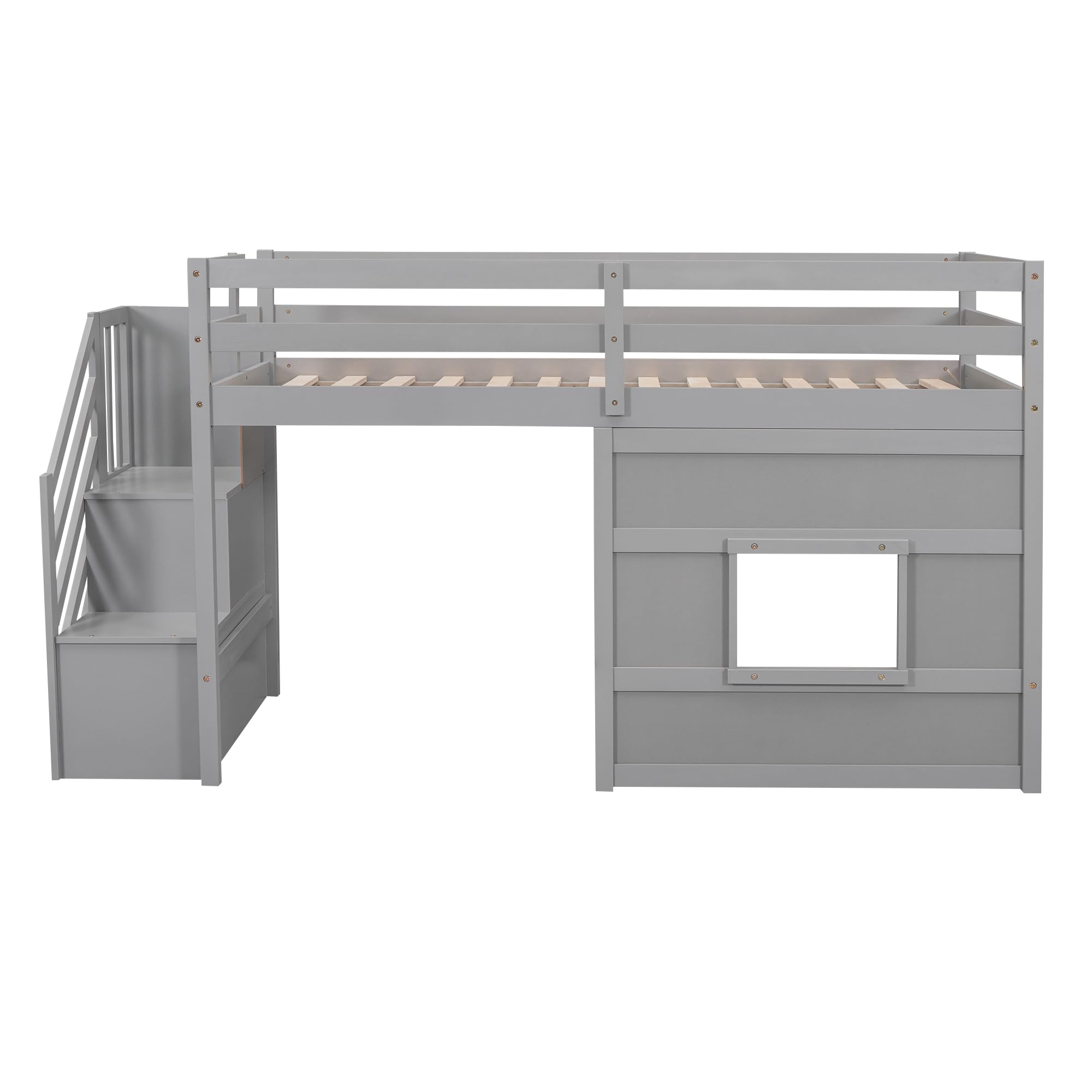 Twin Size Low Loft Bed with Stairs & Storage - Solid Wood Kids Loft Bed Frame for Boys & Girls in Gray - Space Saving Solution for Small Bedrooms, Dorm Rooms & Kids' Rooms