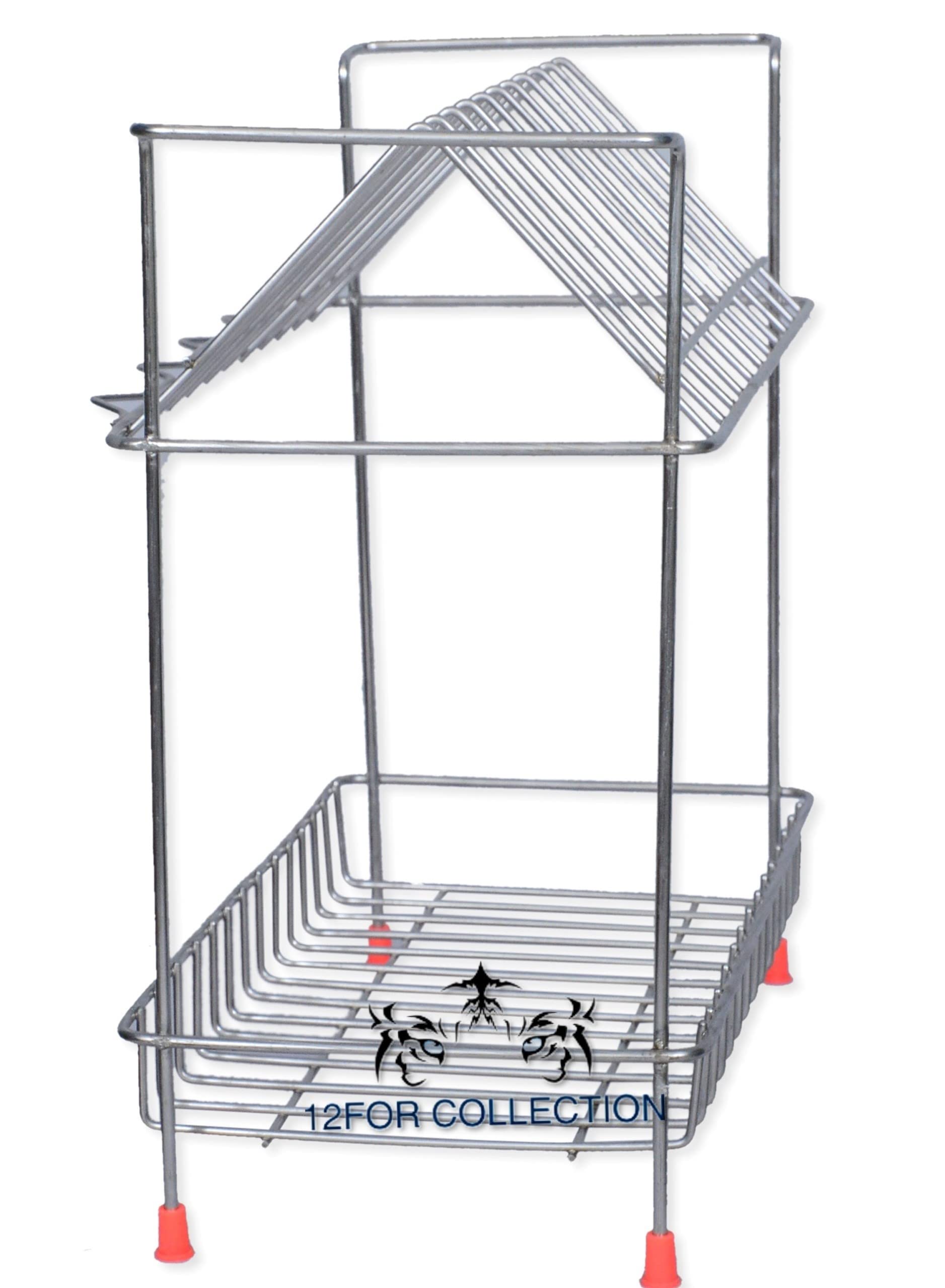 Stainless Steel 2-Tier Kitchen Dish Drainer & Organizer Rack - Plate, Utensil, Fruit & Vegetable Drying Storage Stand with Spice Boxes (38x18x34cm) - Perfect for Small Kitchens & Countertop Organization