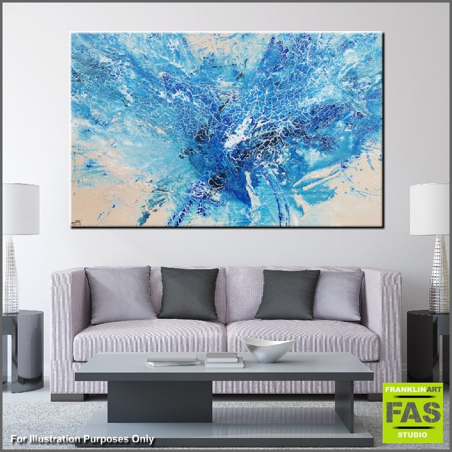 Abstract Blue Cream Splash Wall Art - Modern Canvas Painting for Home & Office Decor - Perfect for Living Rooms, Bedrooms, and Workspaces