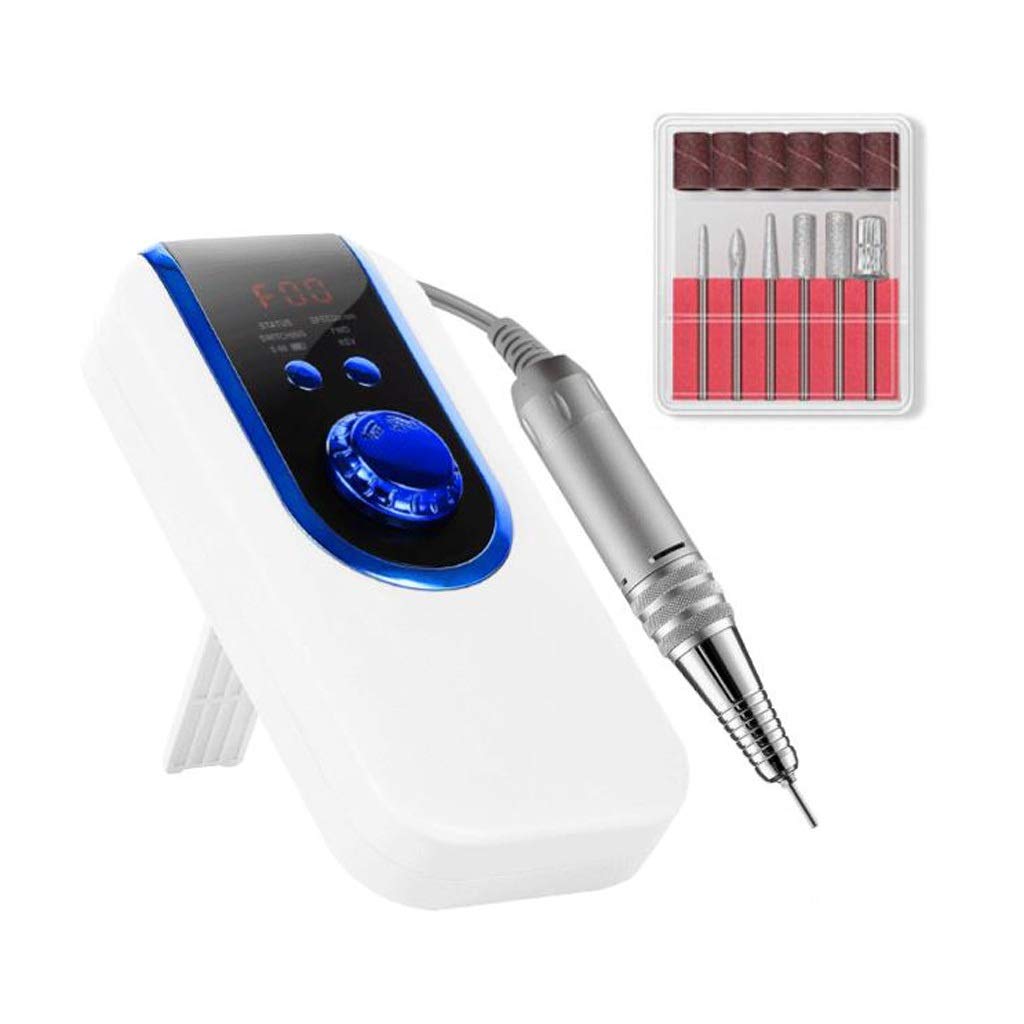 Professional Electric Nail Drill Kit - 30,000 RPM High Speed Efile Buffer & Manicure Grinder with 6 Drill Bits & Sanding Bands - Perfect for Acrylic Nails, Gel Polish Removal & Nail Art - Salon & Home Use (White)