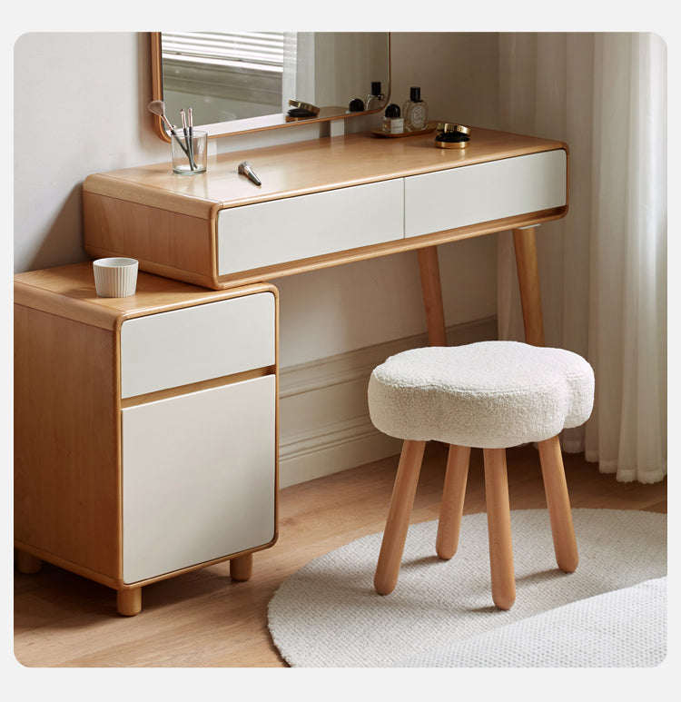 Solid Wood Makeup Stool - Beech & Birch with Lamb Velvet Upholstery | Cloud-Shaped Seat for Vanity, Dressing Room & Bedroom Decor