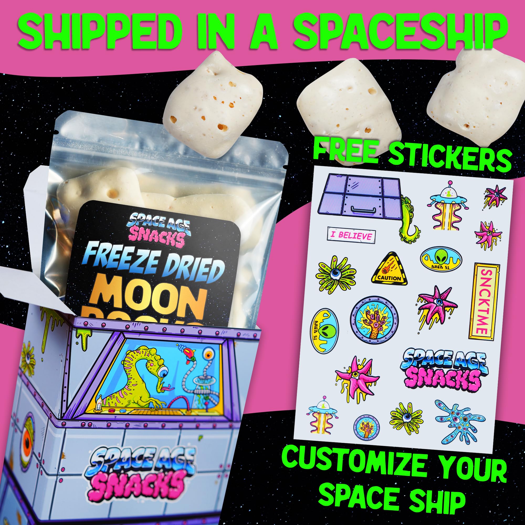 Premium Freeze Dried Moon Rocks Candy - Crunchy Space-Themed Snack in Protective Spaceship Packaging with Fun Stickers - 3oz All-Ages Treat for Parties, Gifts & Space Enthusiasts