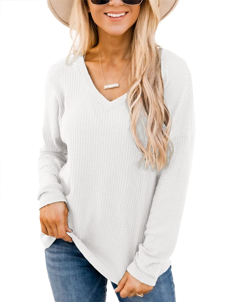 Imily Bela Women's Casual V-Neck Waffle Knit Long Sleeve Stretchy Pullover Tunic Top | Soft Comfortable Blouse for Work, Date Night & Fall Layering
