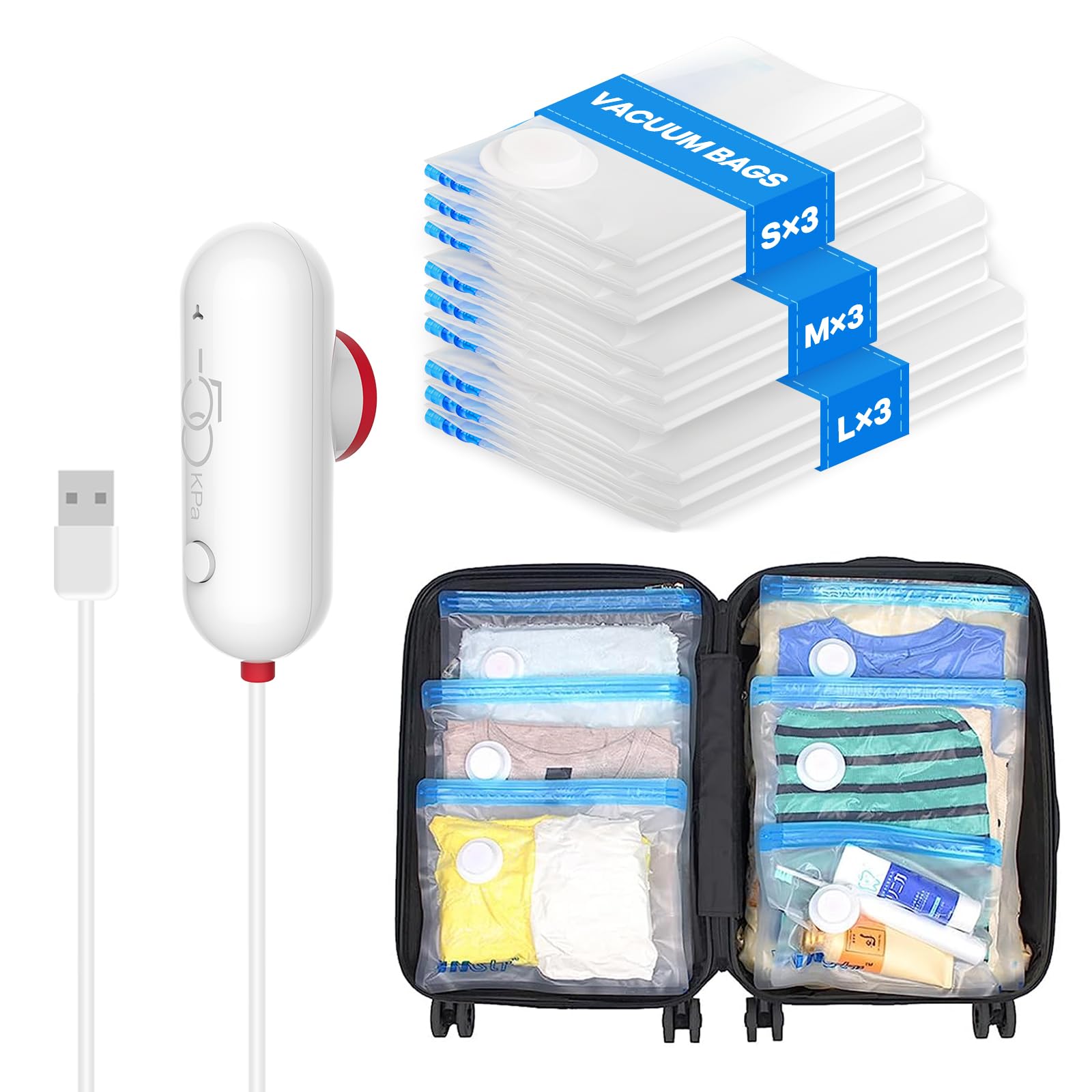 VMstr 9 Pack Travel Vacuum Storage Bags with USB Pump | Space Saving Compression Bags for Clothes & Travel Essentials | Perfect for Luggage, Carry-on & Closet Organization