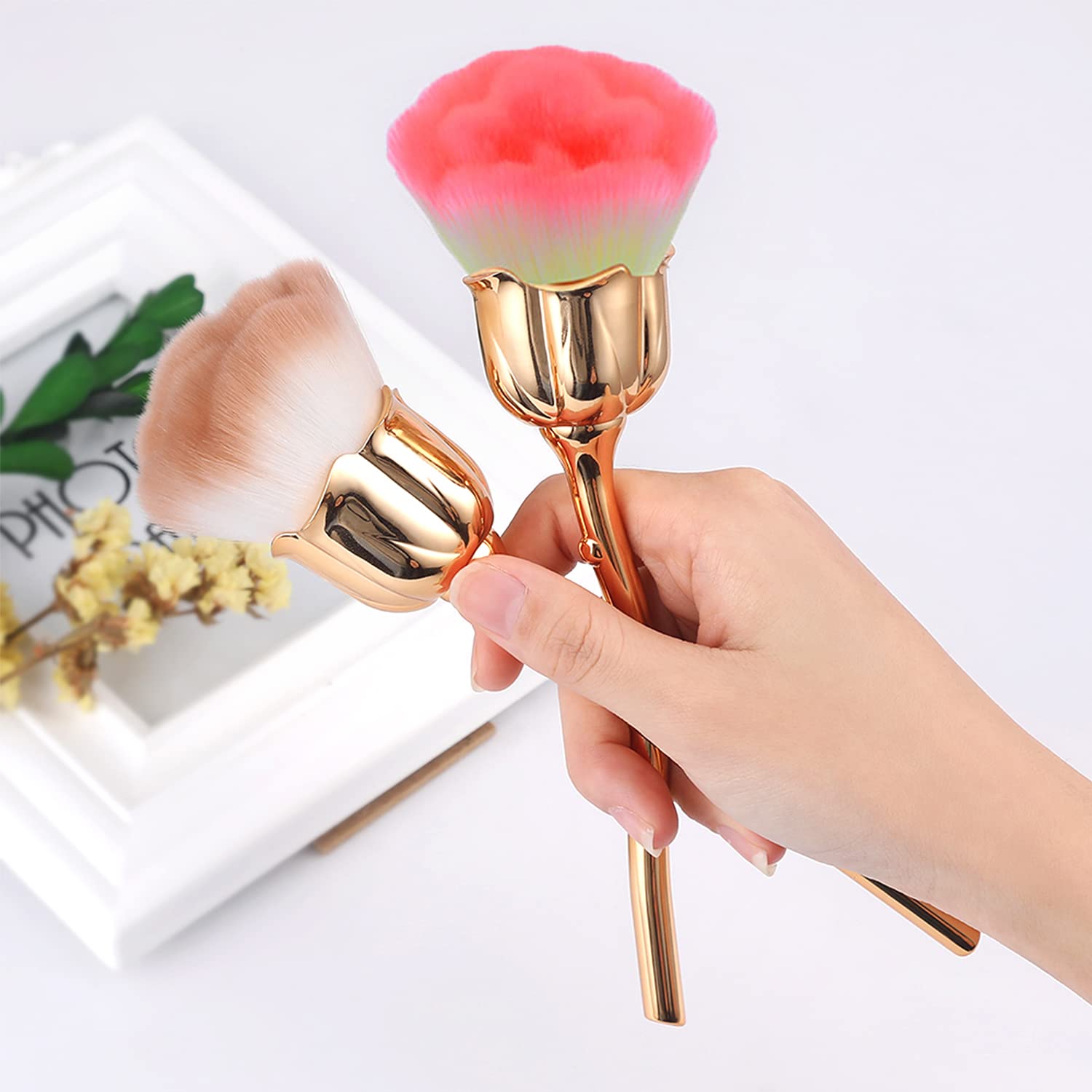 JERCLITY 2-Piece Rose Gold Makeup Brush Set - Large Blush Brush & Powder Brush for Face, Loose Powder, and Nail Dust Application | Perfect for Professional Makeup, Cosmetic Touch-Ups, and Manicure Cleaning (Gold)