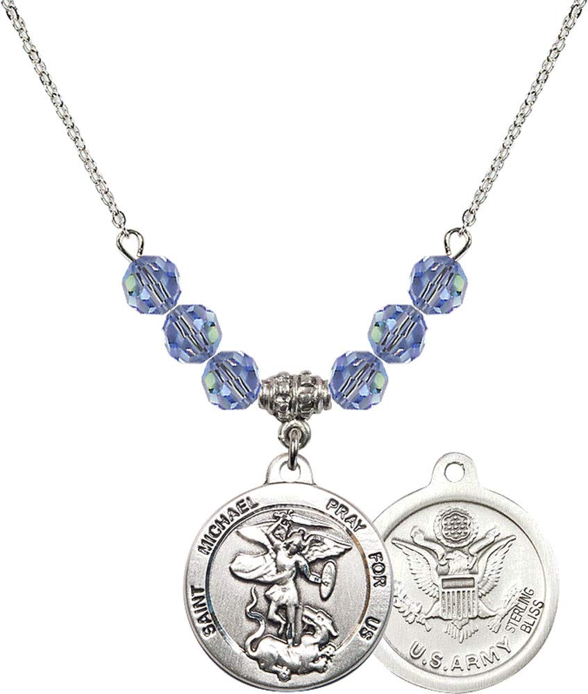 Bonyak 18 Inch Rhodium Plated Necklace with 6mm Light Blue September Birthstone Beads & Saint Michael Pendant - Perfect for Birthday Gifts, Military Appreciation, and Spiritual Protection Jewelry