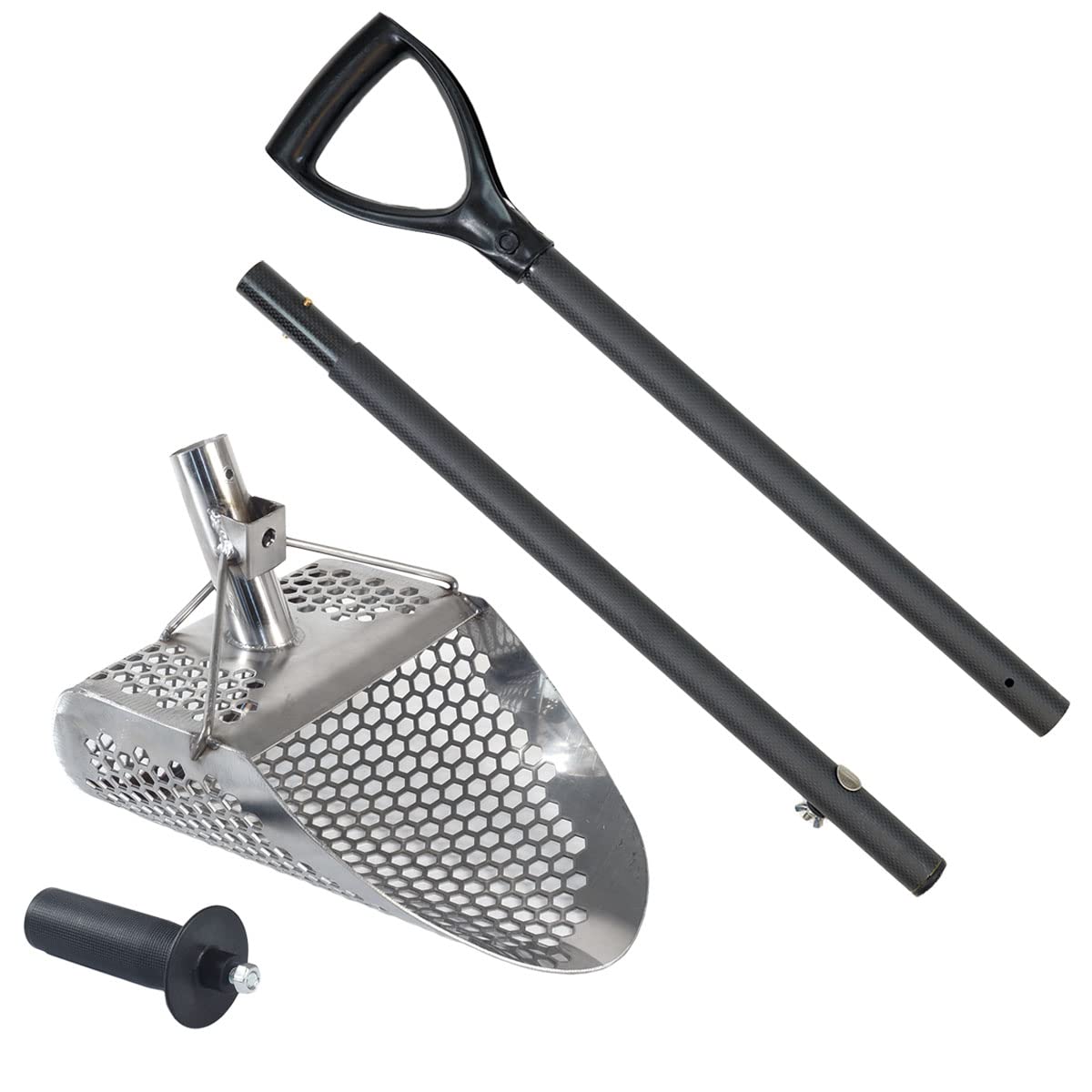 Premium Stainless Steel Beach Sand Scoop for Metal Detecting - Lightweight Carbon Fiber Pole with Handle & String - Hydra 11x8 Round - Perfect for Treasure Hunting, Beachcombing & Outdoor Adventures