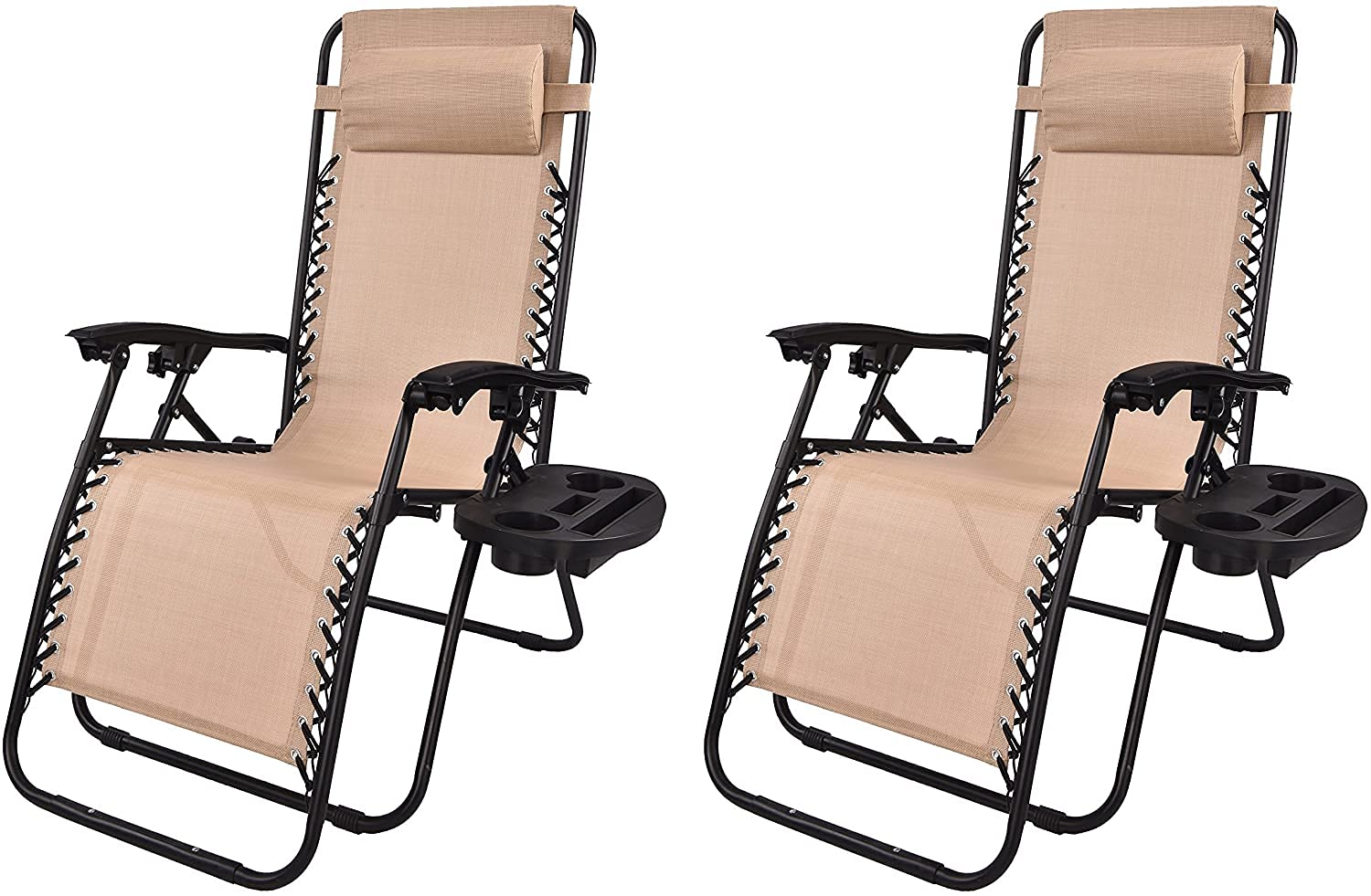 BTEXPERT Adjustable Steel Mesh Zero Gravity Lounge Chair - Outdoor Patio Recliner for Beach, Yard & Garden - Includes Pillow, Utility Tray & Cup Holder - Tan/Beige (2-Piece Set) - Perfect for Relaxing by the Pool, Sunbathing or Backyard Lounging