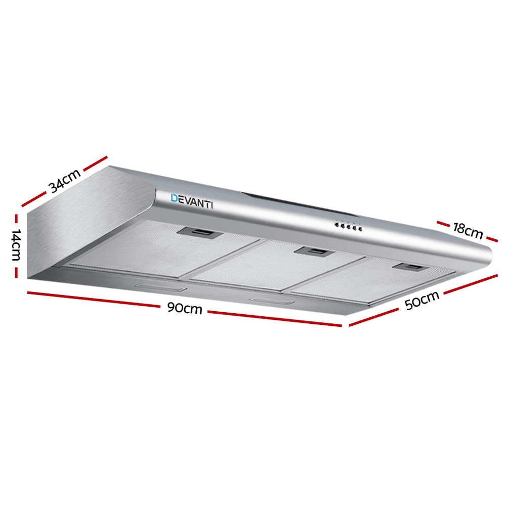Devanti 900mm Stainless Steel Range Hood - 90cm Kitchen Exhaust Fan with Powerful Suction for Smoke & Odor Removal - Perfect for Home Cooking, Grilling, and Frying