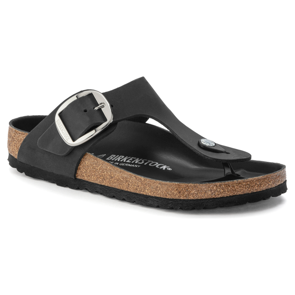 Birkenstock Women's Gizeh Big Buckle Sandals - Black Oiled Leather - Comfortable Arch Support for Walking, Travel & Casual Wear