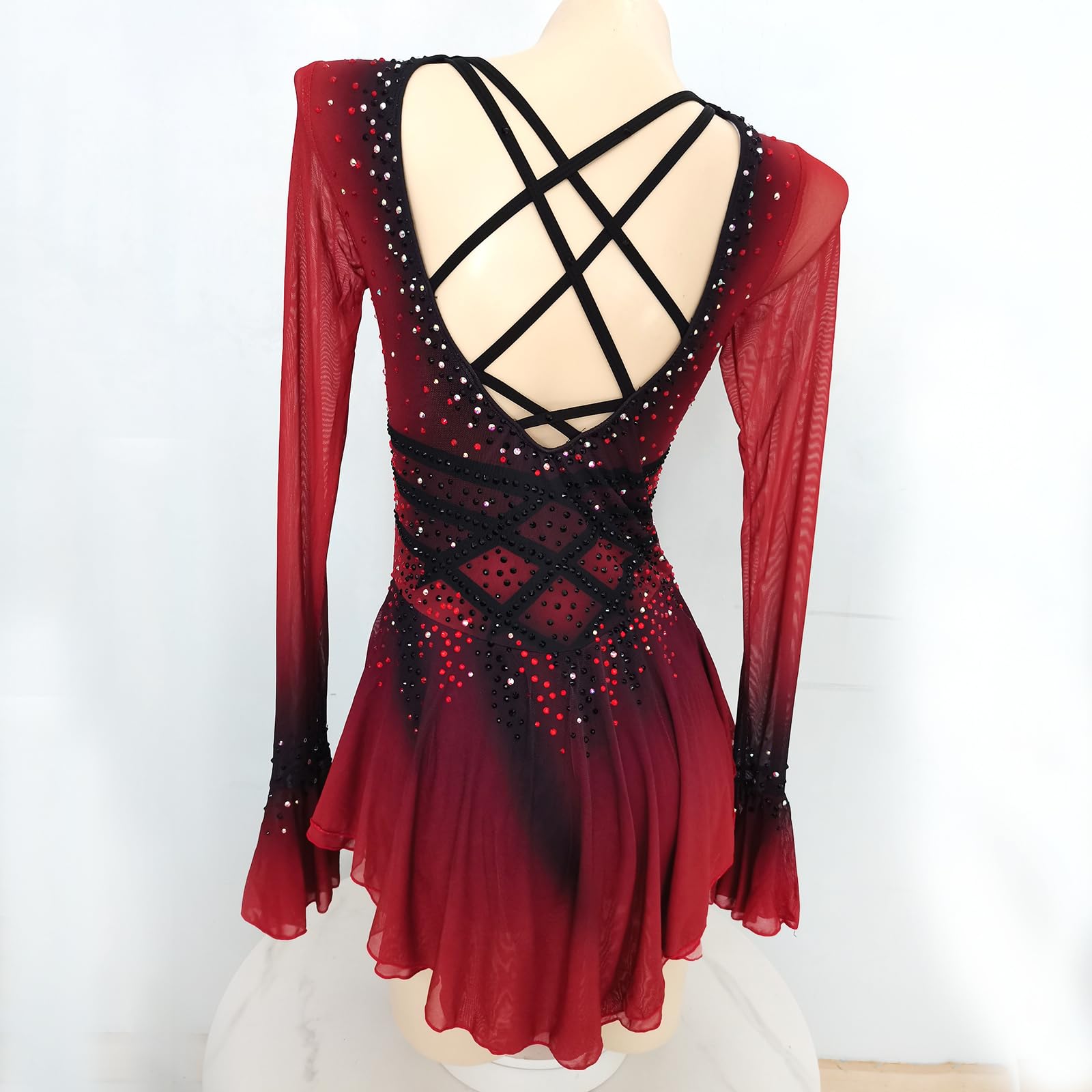 Girl's Red Long Sleeve Figure Skating Dress with Sparkling Rhinestones - Elegant Ice Skating Costume for Competitions & Performances - Perfect for Ice Shows, Recitals, and Winter Sports Events