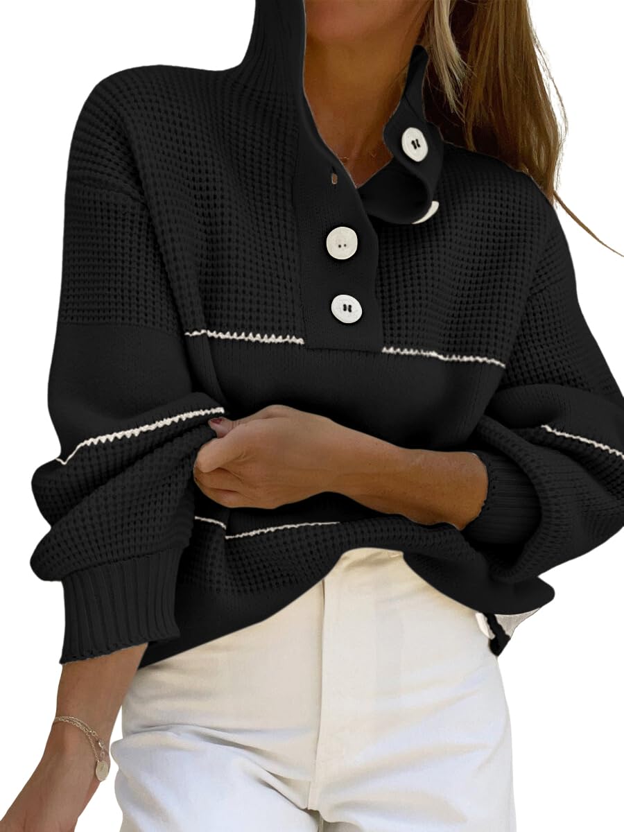Women's Slouchy Waffle Knit Sweater - Half Button Polo Collar Pullover Striped Top | Casual Fall & Winter Fashion | Perfect for Office, Dating & Weekend Outfits
