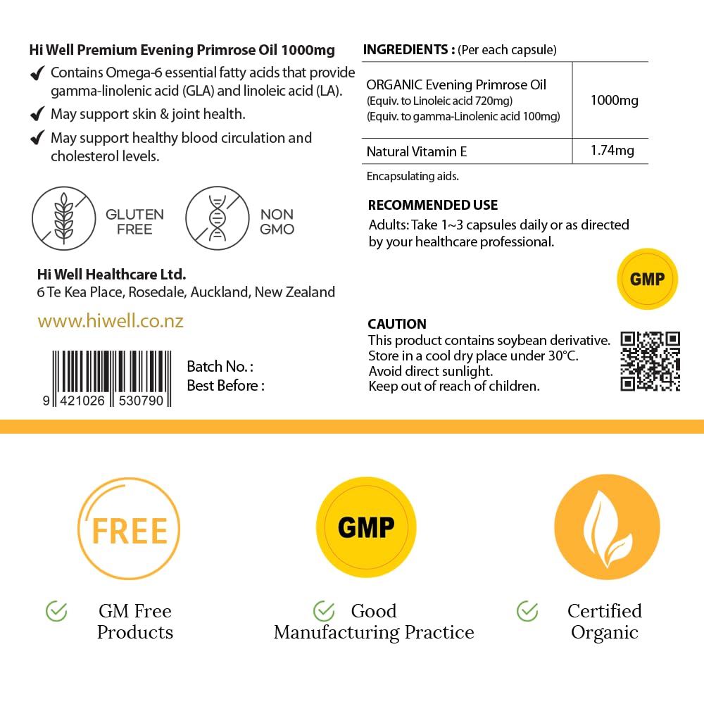 HiWell Organic Evening Primrose Oil (EPO) 200 Softgels - Pack of 3 | 1000mg Cold-Pressed GLA Supplement for Women's Health, Hormone Balance & Skin Care | Natural PMS, Menopause & Acne Relief