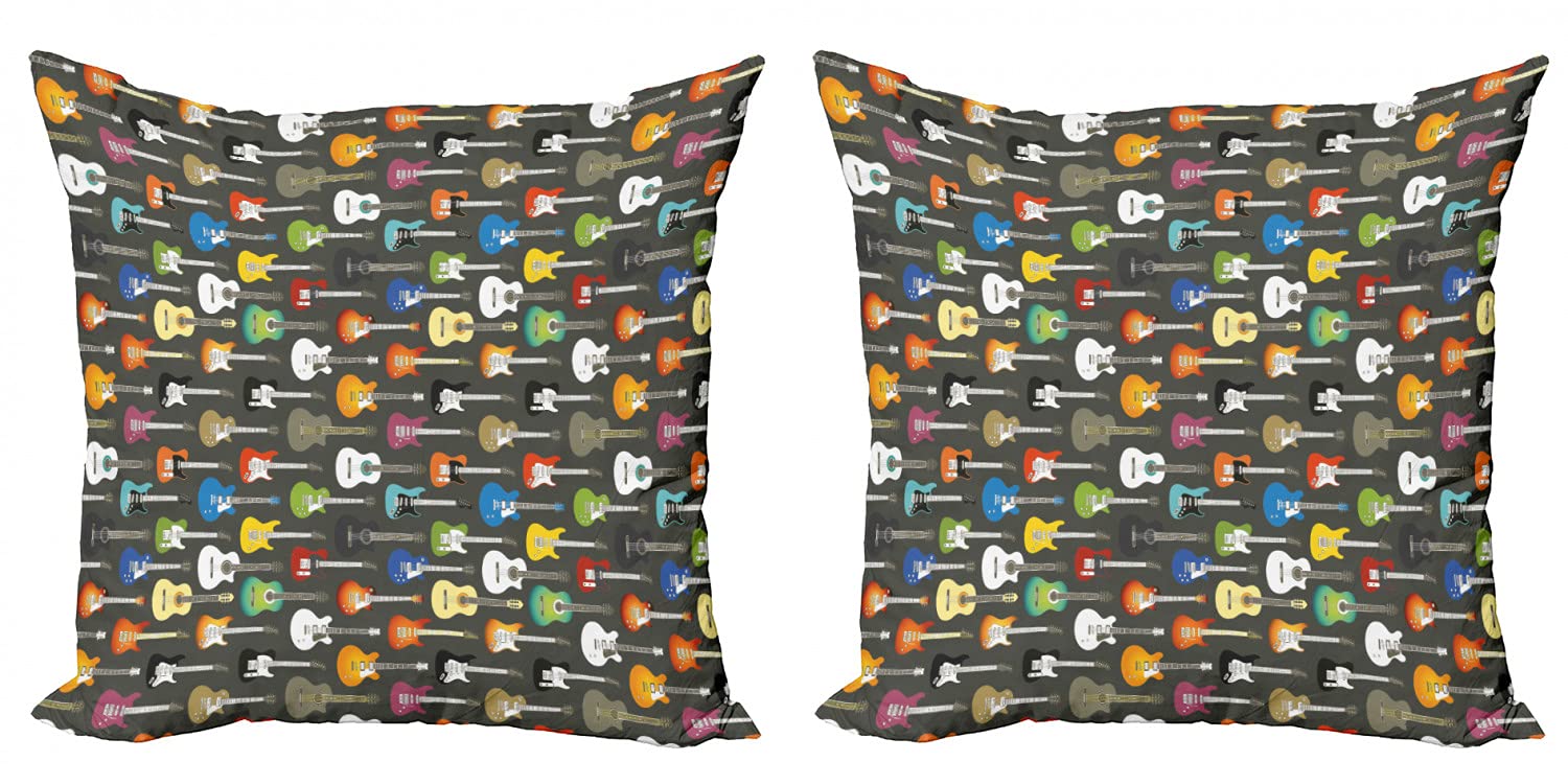 Ambesonne Guitar Decorative Throw Pillow Cover Set of 2 - Grunge Music Instrument Design with Strings & Songwriting Theme - 24 Inch Multicolor Cushion Cover for Couch, Bedroom & Living Room - Perfect for Music Lovers & Home Decor