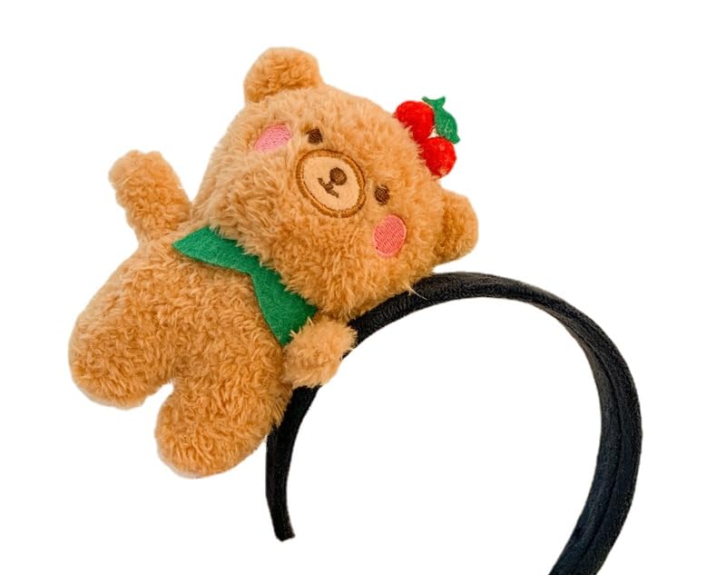 Soft Kawaii Plush Strawberry Bear Hairband - Cute Cartoon Spa Headband for Makeup, Bath & Skincare | Women's Adorable Cutecore Accessories (Brown) | Perfect for Self-Care, Spa Days & Instagram Photos