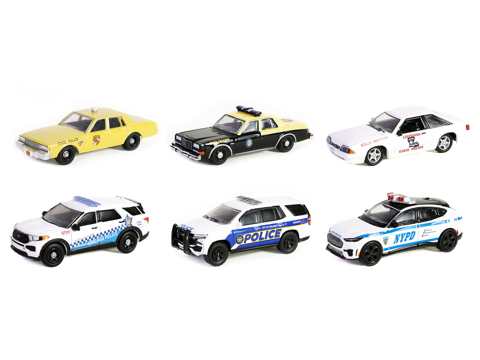 Greenlight 1/64 Scale Diecast Police Car Set - 6-Piece Hot Pursuit Collection (Series 45) - Perfect for Collectors, Kids Play & Display Scenes