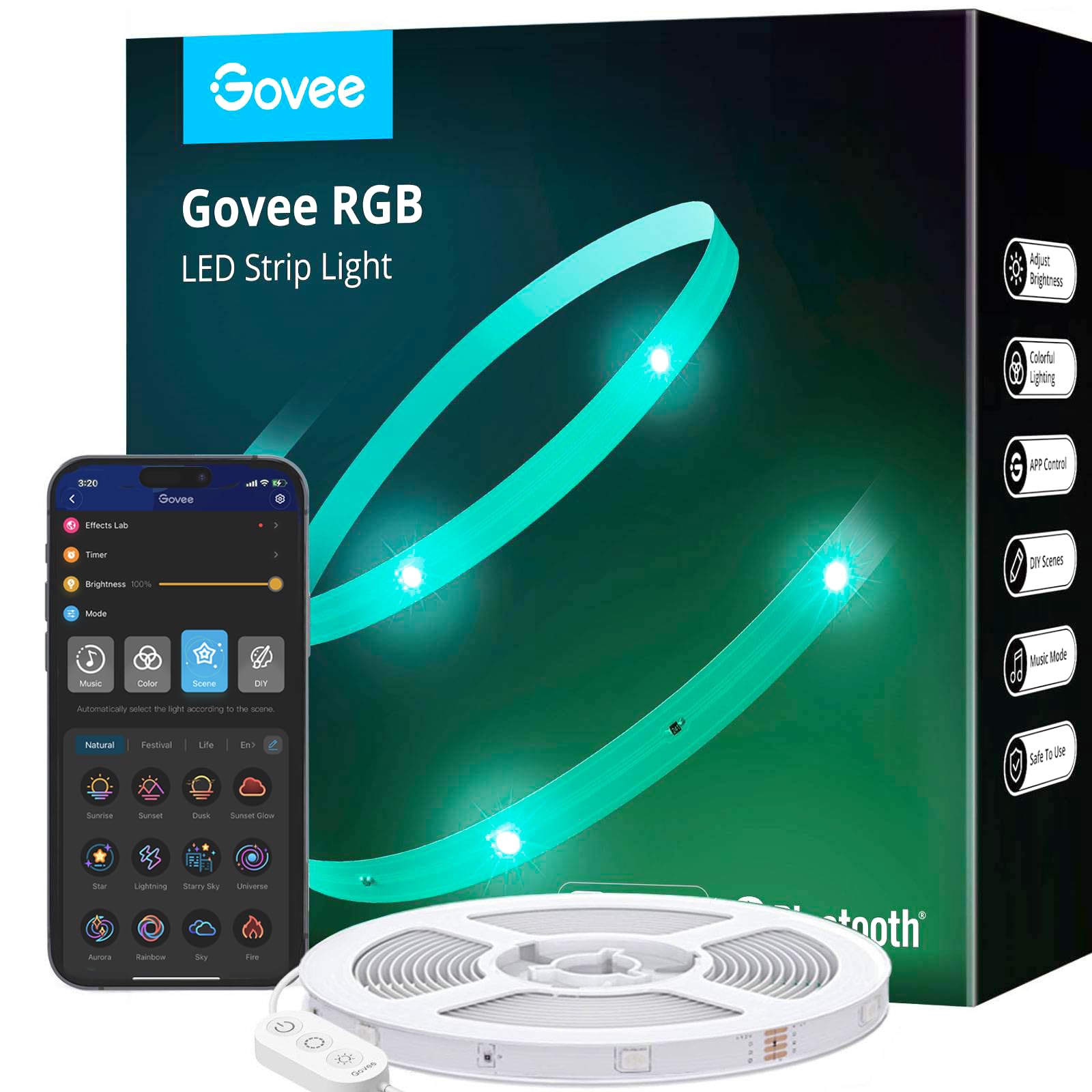 Govee 50ft Smart LED Strip Lights with Bluetooth & App Control - 64 Dynamic Scenes, Music Sync RGB Lights for Bedroom, Living Room, Kitchen, Party - ETL Certified Adapter | Perfect for Home Decor, Gaming Setup & Mood Lighting