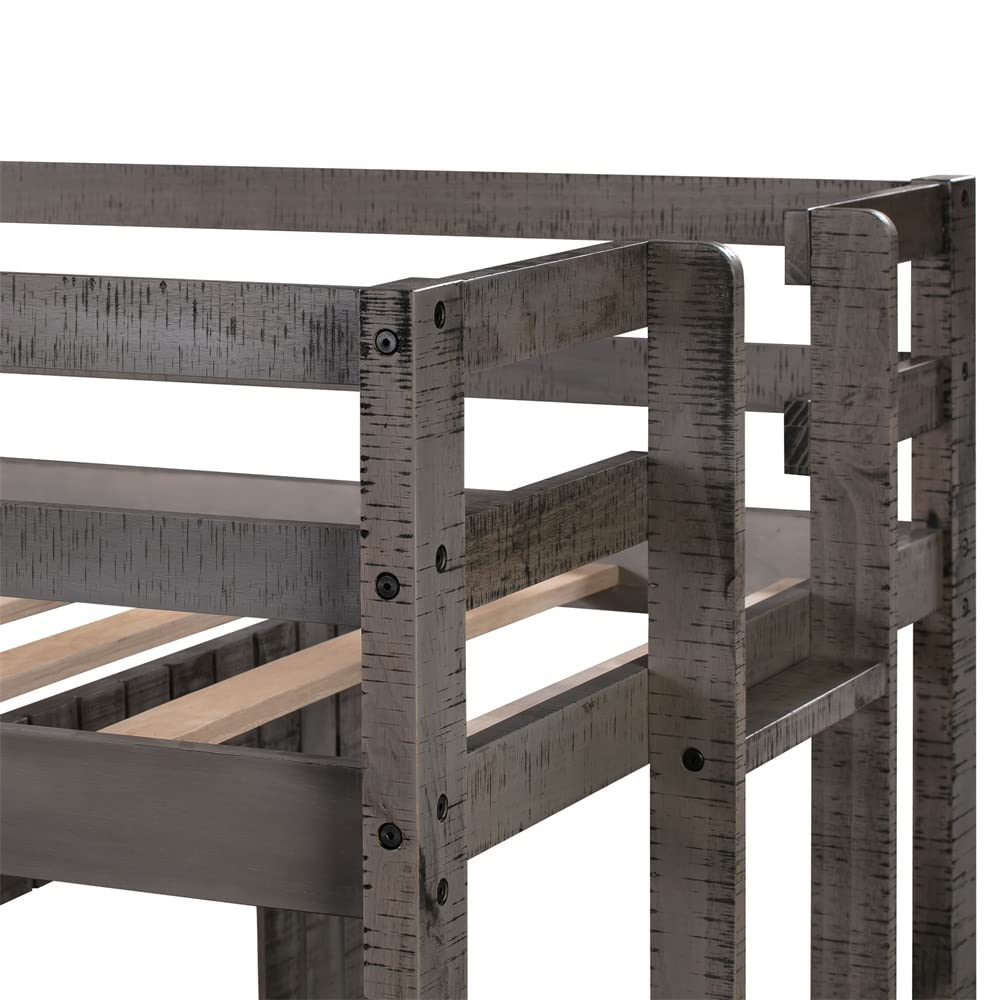 Solid Wood L-Shaped Twin Over Full Bunk Bed with Roof & 4 Windows - Sturdy Loft Bed Frame with Full-Length Guardrails & Ladder - No Box Spring Needed in Antique Gray - Perfect for Kids' Bedroom, Guest Room & Small Space Living