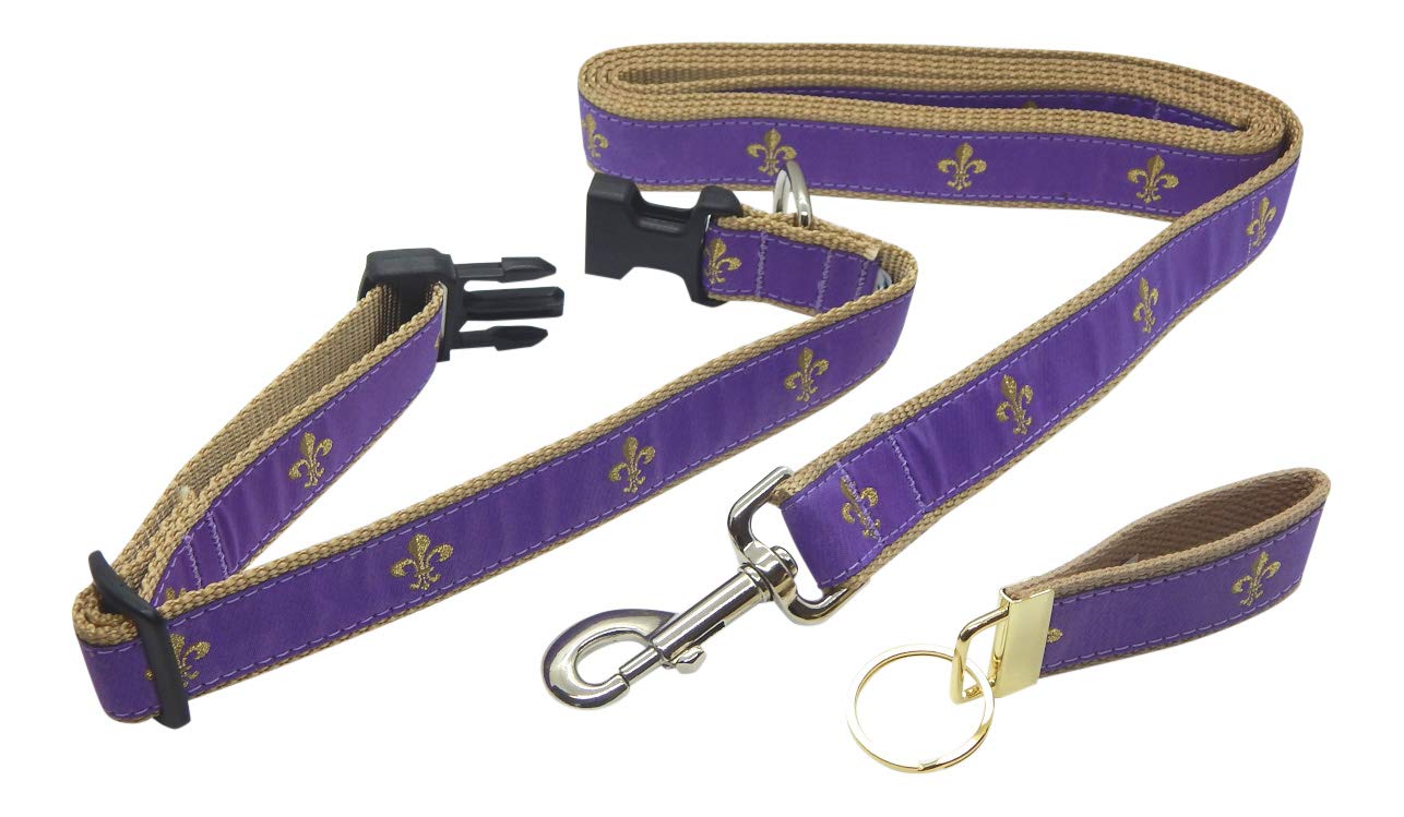 **Preston Fleur de Lis Dog Collar and Leash Set - Glittery Gold on Purple, Adjustable for Medium & Large Dogs, 1.25