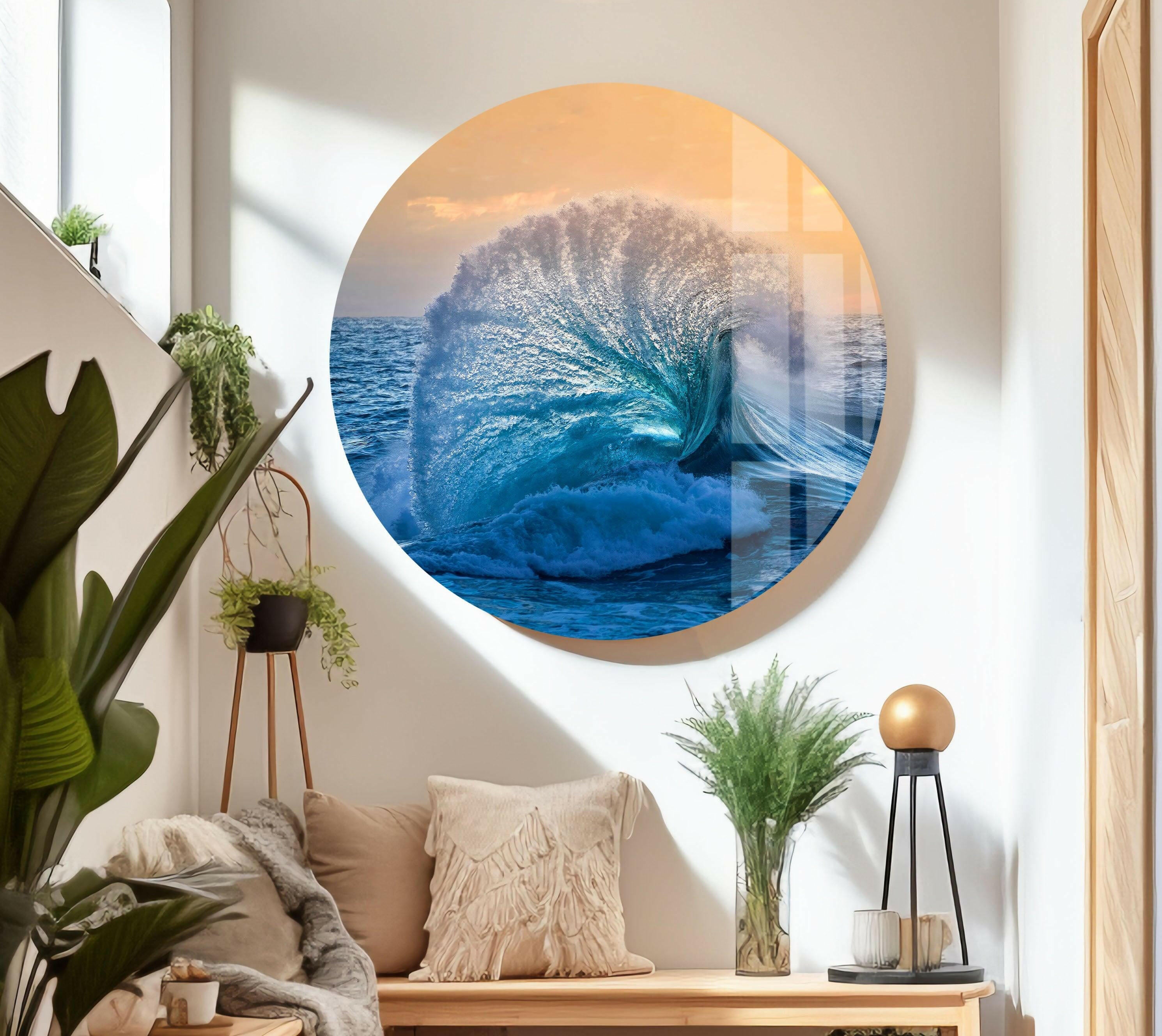 Big Ocean Wave Glass Wall Art - Handmade Coastal Decor for Living Room, Bedroom & Office - Perfect Beach Theme Home Decoration