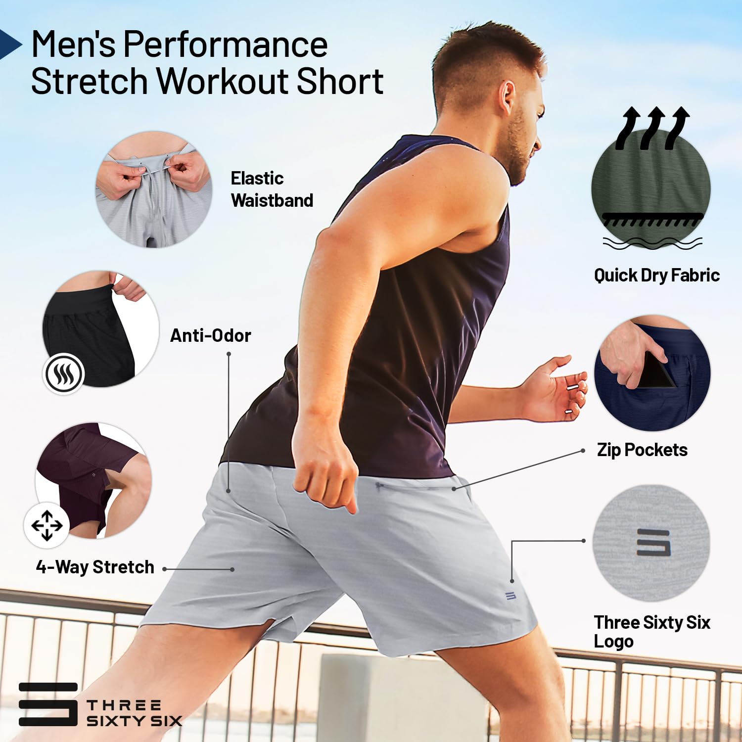 Dry Fit Men's Workout Shorts - Performance Stretch Gym Shorts with Anti-Odor Technology & Zip Pocket - Perfect for Running, Training & Outdoor Activities