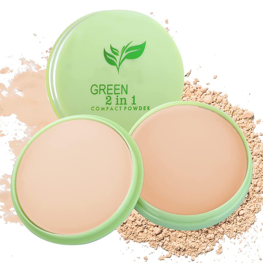 Kiss Beauty Green Tea Compact Powder 9025 - Beige 25g with Lilium Aloe Vera Cream | Oil Control & Skin Brightening | Perfect for Daily Makeup & Touch-Ups
