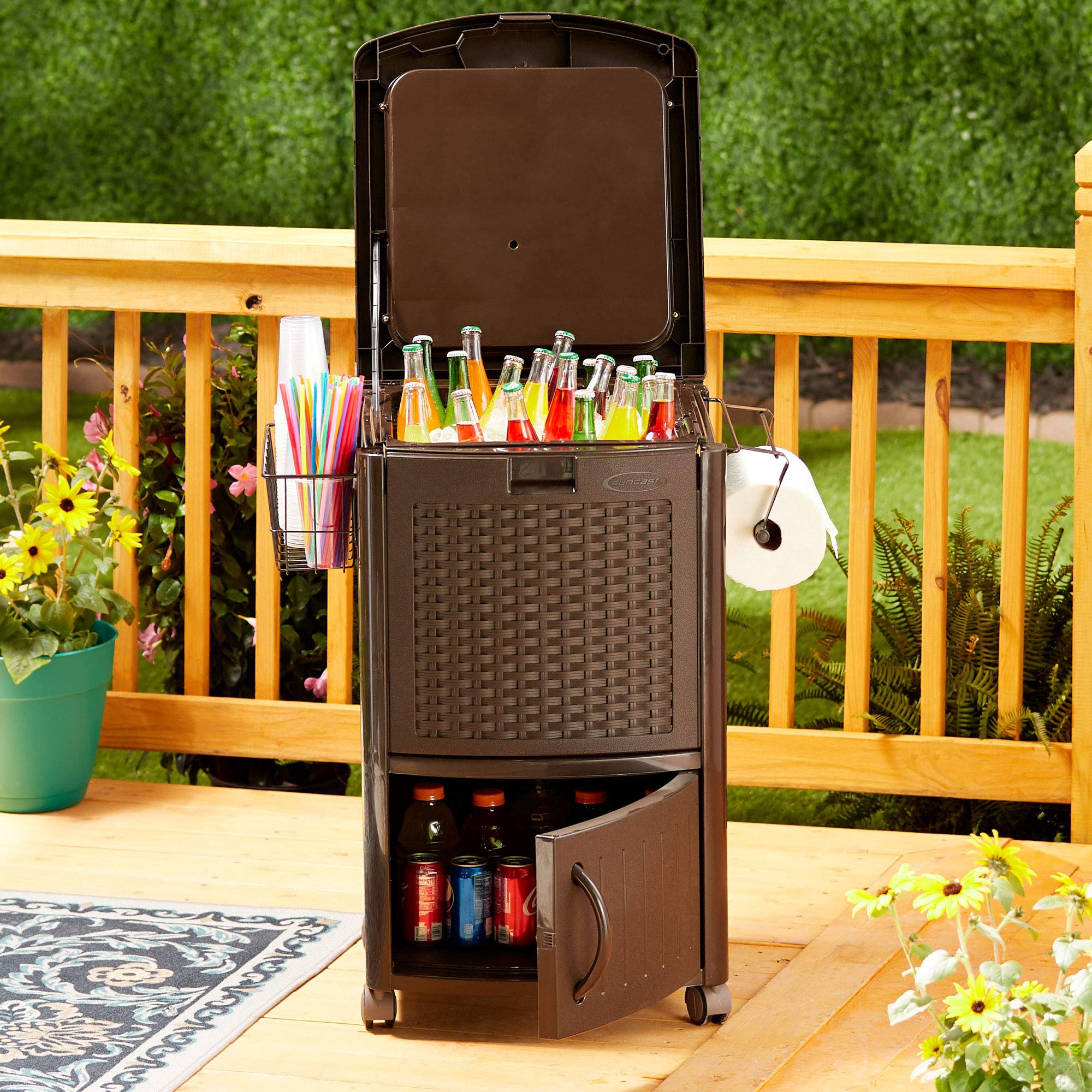 Suncast Outdoor Patio Garbage Can with Cabinet & Wire Basket - Durable Waste Trash Bin with Built-in Cooler for Backyard, Deck, Poolside & Garden Use