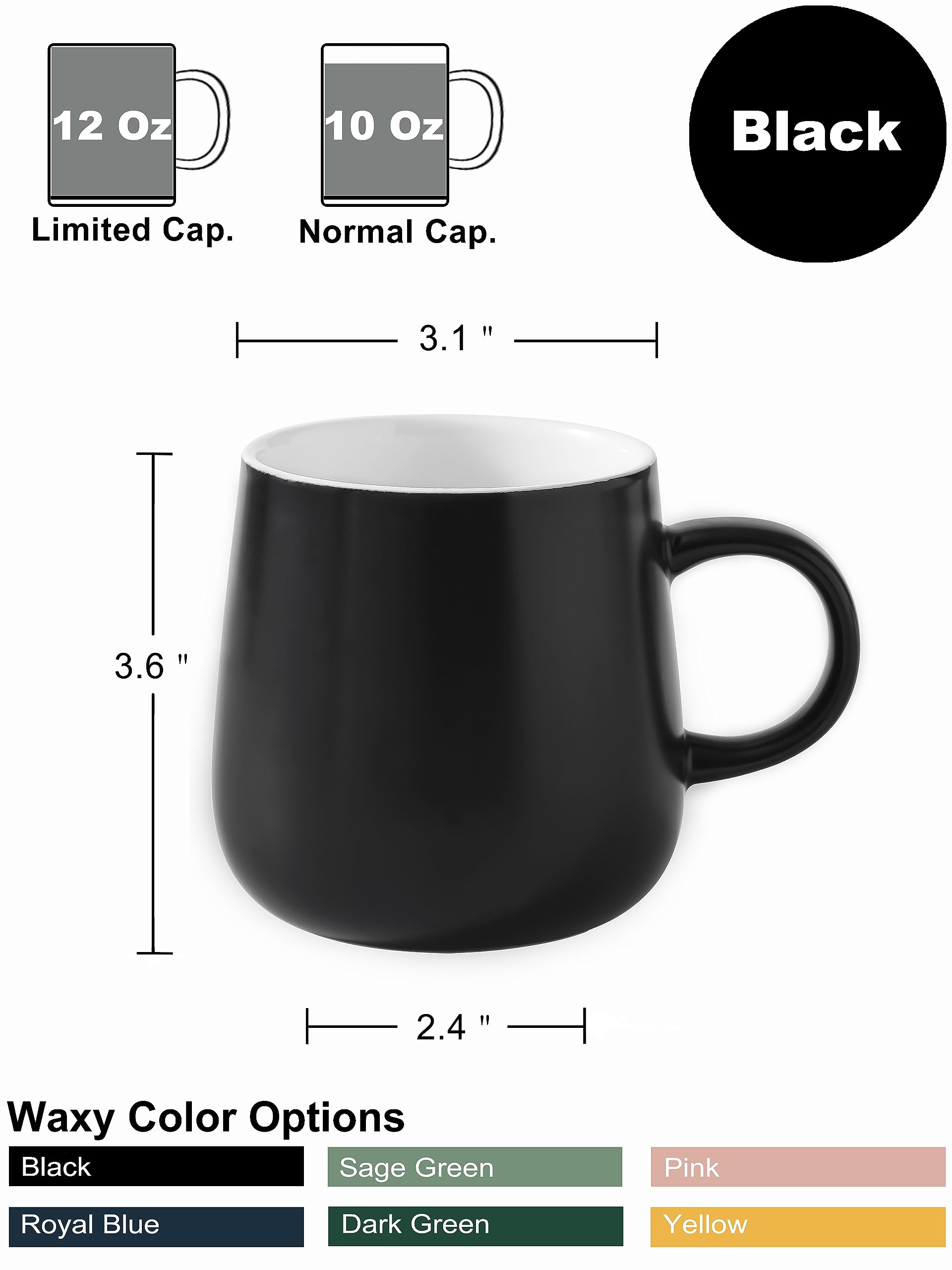 12 Oz Black Ceramic Coffee Mugs Set of 2 - Waxy Finish Solid Color Tea Cups for Home, Office & Cafe Use