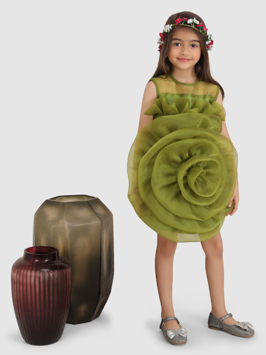 Pre Order: Elegant Big Flower Embellished Green Dress for Women - Perfect for Weddings, Parties & Special Occasions