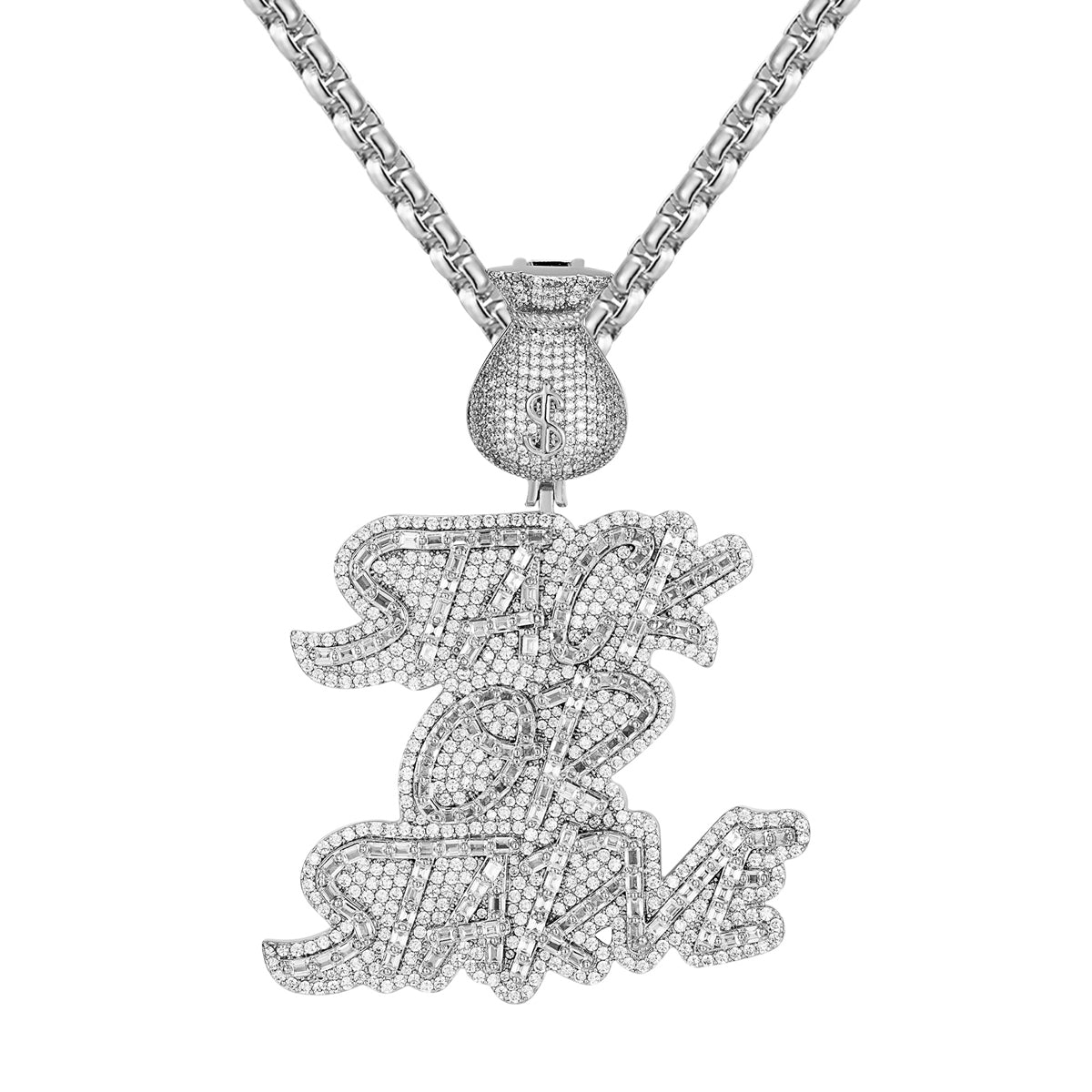 Sterling Silver Stack or Starve Money Dollar Bag Icy Pendant Necklace - Elegant Hip Hop Jewelry for Men & Women - Perfect for Gifts, Parties, and Streetwear Fashion
