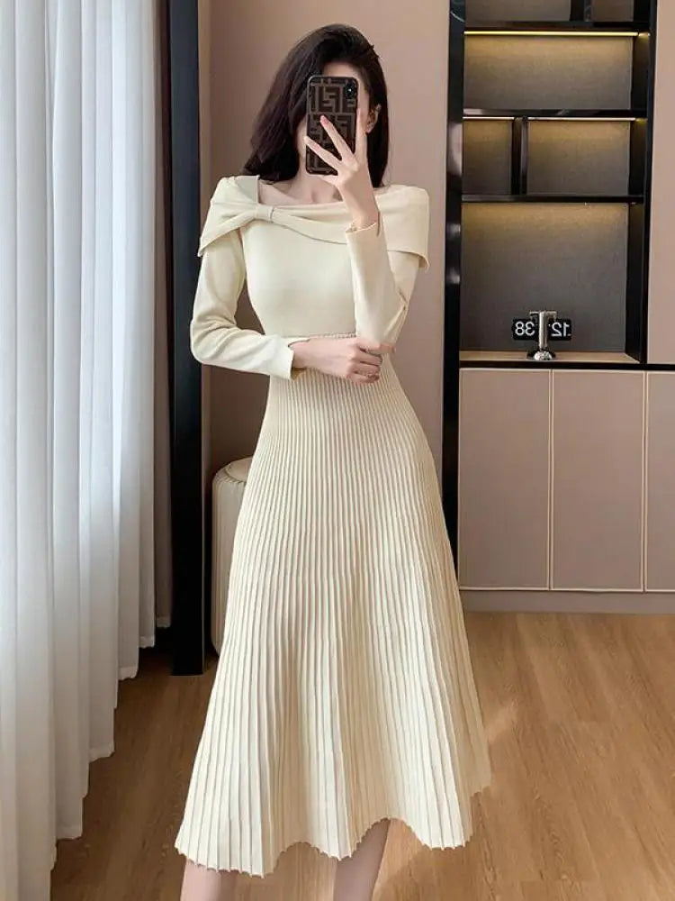 Elegant Black Long Sleeve Knit Dress for Women - Autumn Beige Bow French Fashion Slim Casual Midi Dress - Perfect for Party, Office Wear and Fall Outfits
