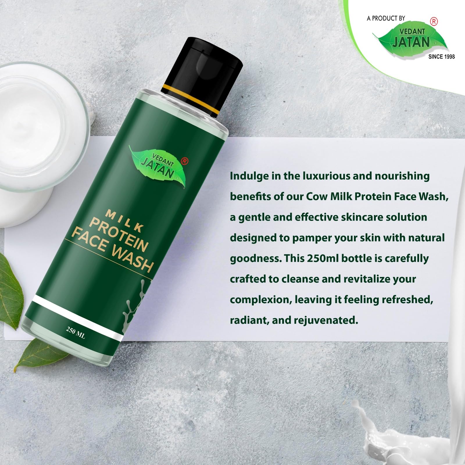 VEDANT JATAN Milk Face Wash for Glowing Skin - Moisturizing Facial Cleanser with Natural Ingredients, 250ml (Pack of 1) | Gentle Daily Cleansing for Dry & Sensitive Skin, Morning & Night Skincare Routine