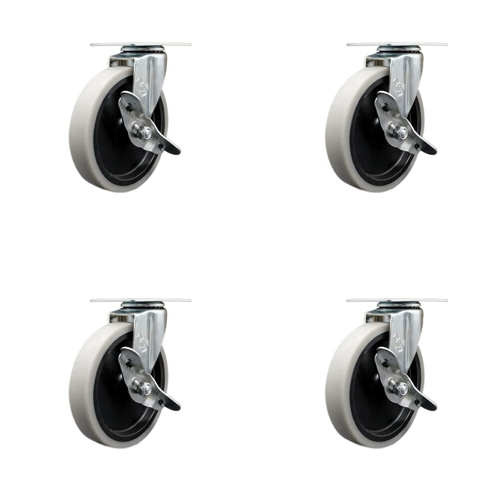 5 Inch Heavy Duty Swivel Caster Wheels with Brake - 520 lbs Capacity - Set of 4 - Thermoplastic Rubber Wheels for Industrial Equipment, Furniture, and Shopping Carts