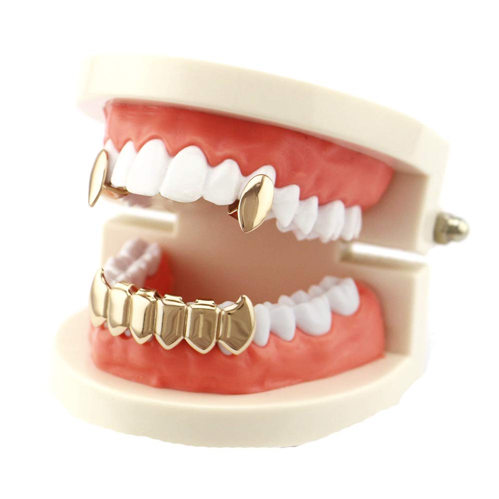 18K Gold Plated Vampire Dracula Teeth Grillz Set - 2 Single Fangs & 6 Bottom Grillz for Halloween Costume, Cosplay, and Gothic Fashion Accessories