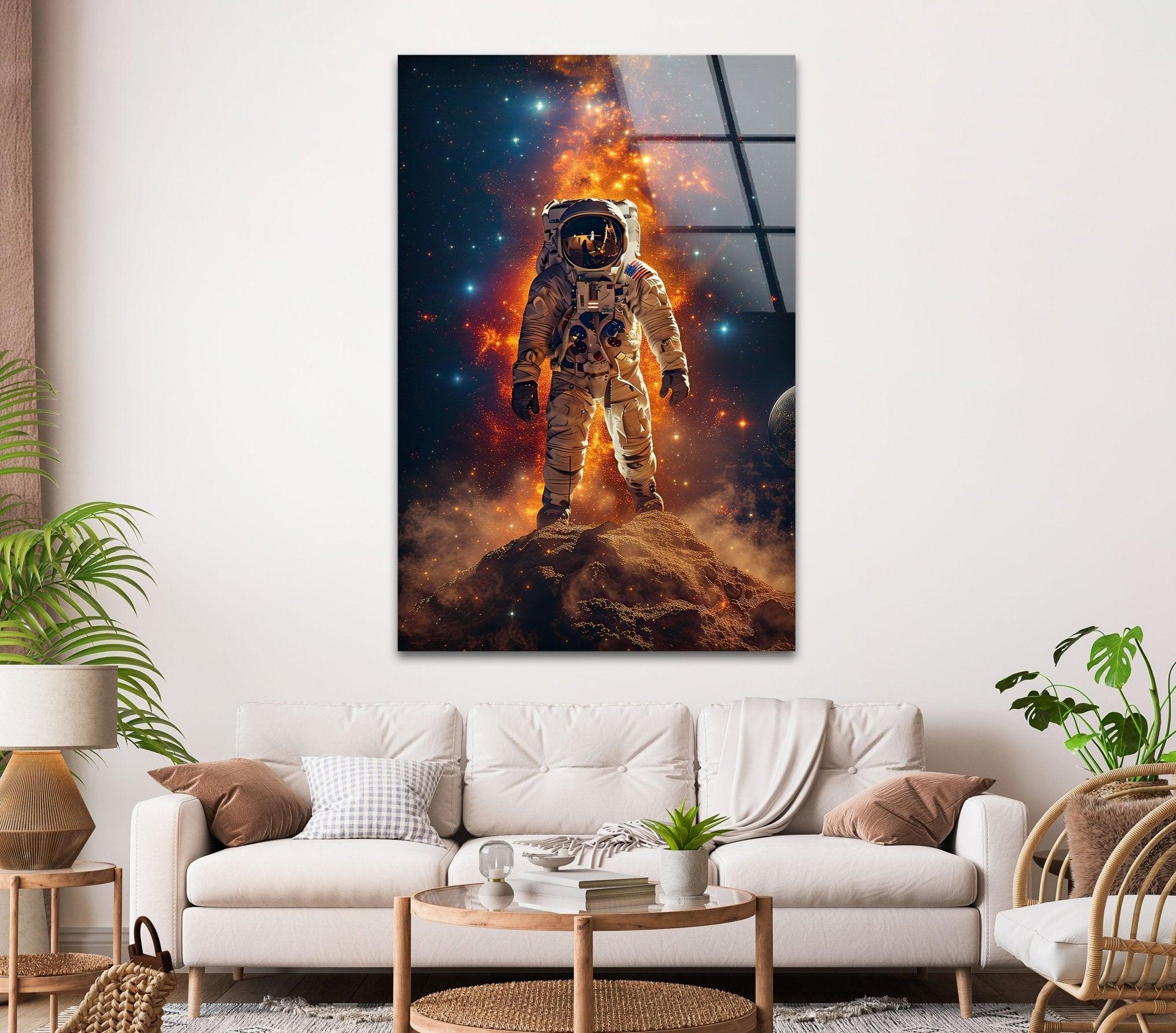 Astronaut on the Moon Glass Wall Art - Space-Themed Home Decor for Living Room, Bedroom & Office - Unique Gift for Astronomy Lovers