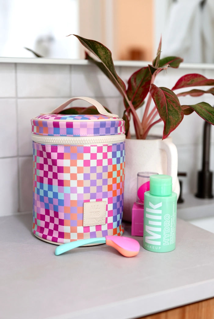 Premium Checkered Toiletry Bag - Barrel Organizer for Travel Essentials | Perfect for Camping, Gym & Weekend Getaways