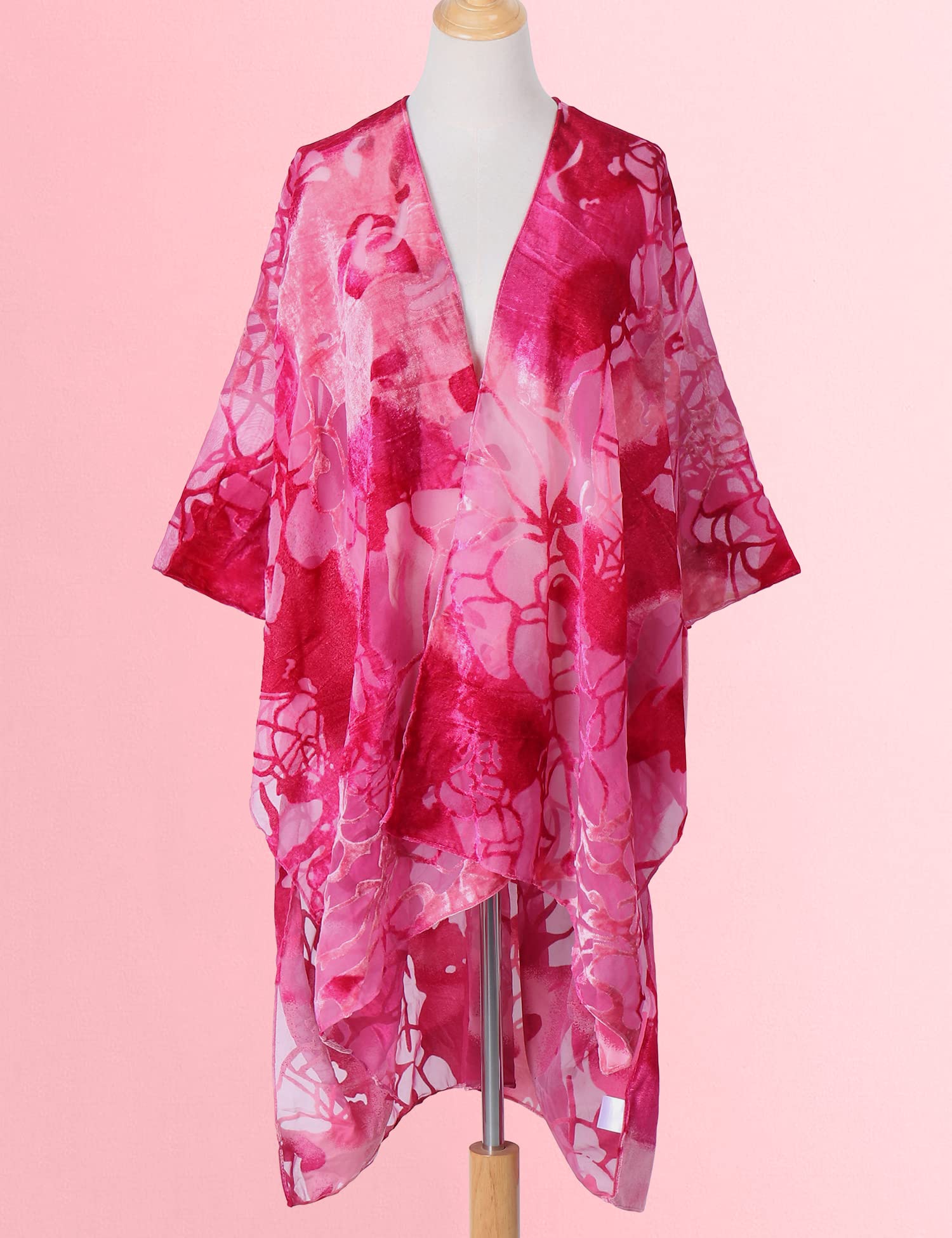 WeHello Women's Burnout Velvet Kimono Long Cardigan Cover Up - Soft Lightweight Open Front Duster Coat Without Tassel (Pink Floral Print) - Perfect for Beach Coverups, Loungewear, and Boho Outfits