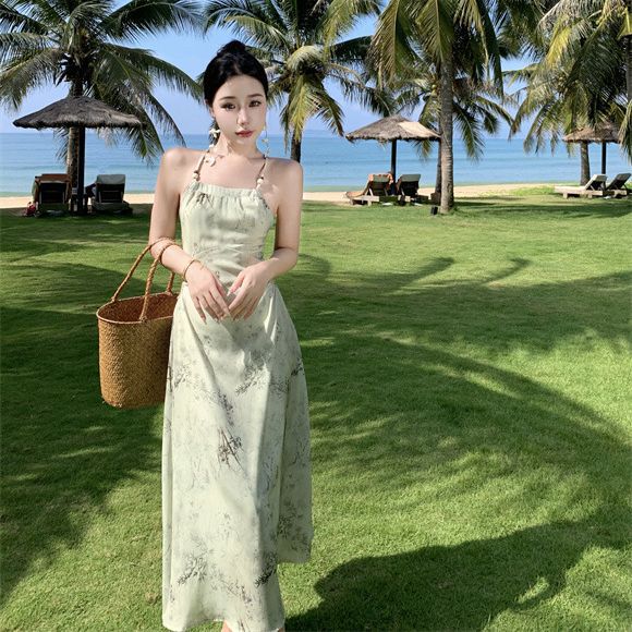 2025 New Chinese Ink Print Neckline Dress - High-End Elegant Zen National Style Waist Suspender Long Dress for Women | Perfect for Boho Chic, Casual Wear & Special Occasions