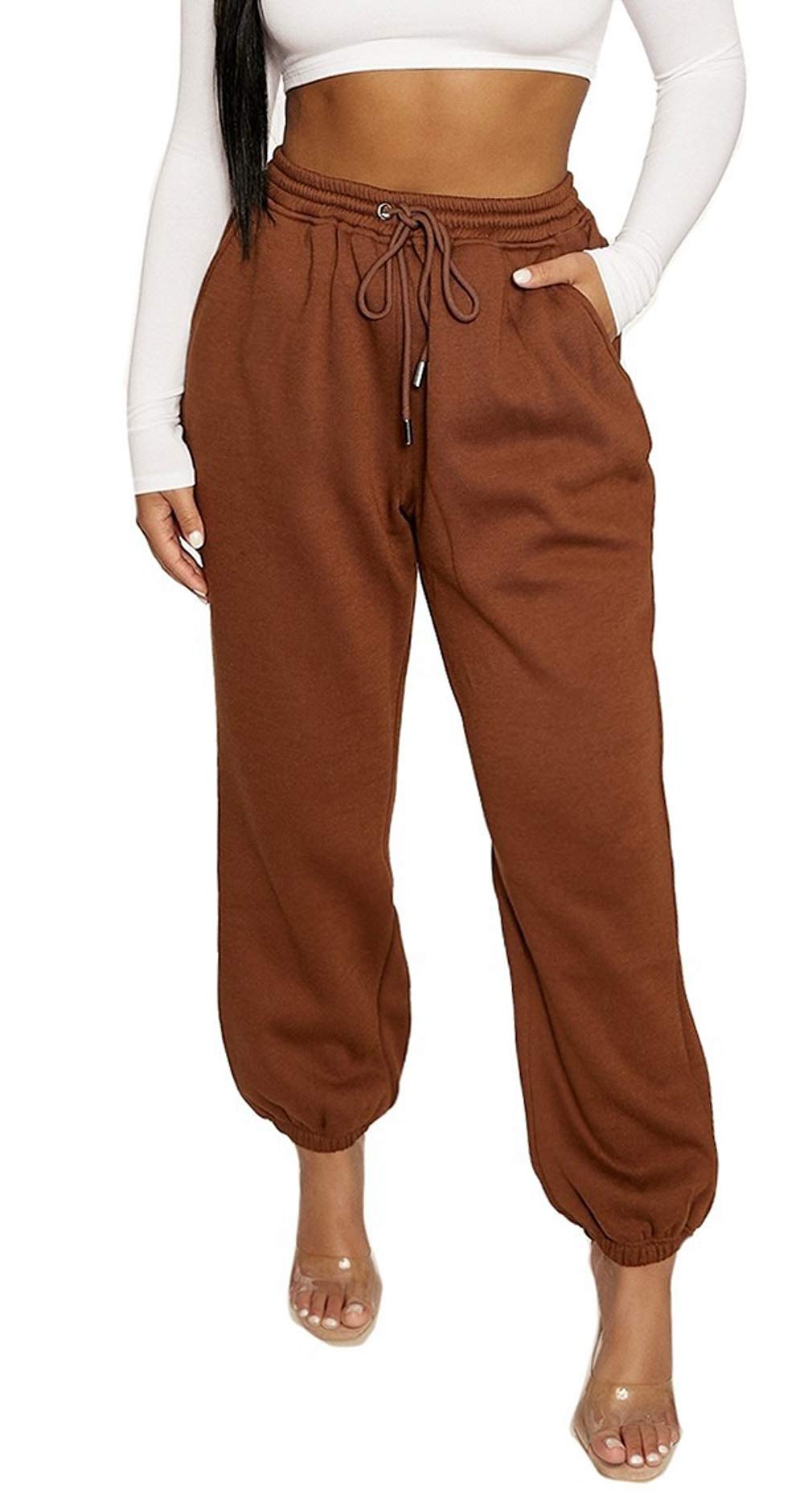 BULINGNA Women's High Waisted Solid Color Active Sweatpants - Workout Yoga Lounge Joggers with Pockets, Comfortable Running Track Pants for Gym, Travel & Casual Wear