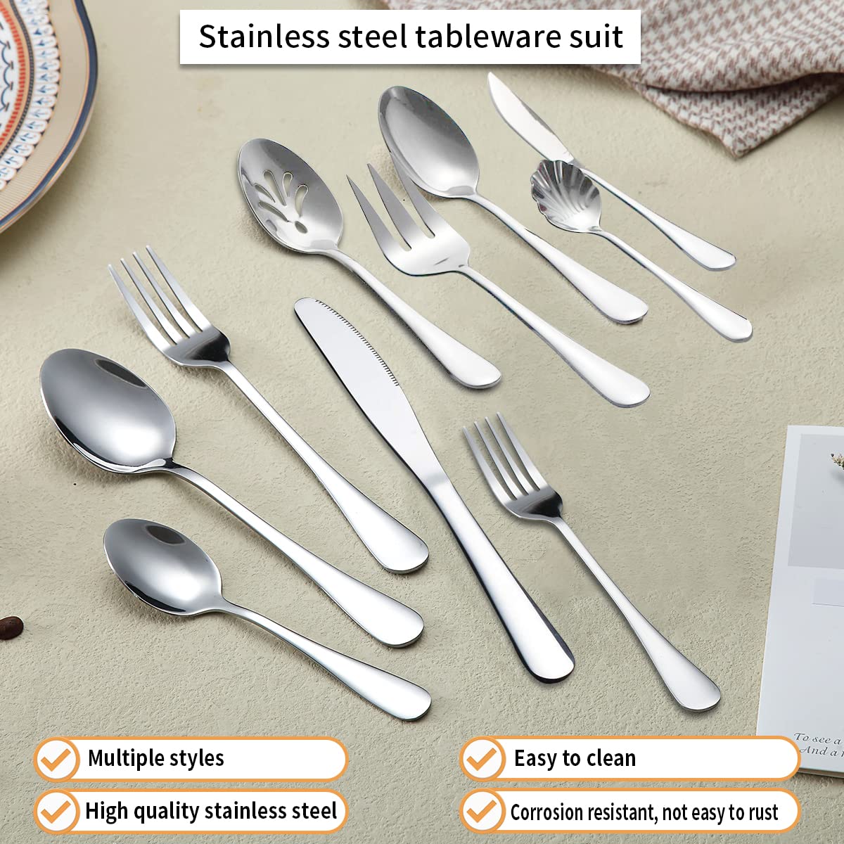 Kyraton 45-Piece Stainless Steel Flatware Set - Service for 8, Silverware Cutlery Set with Spoons, Forks & Knives - Dishwasher Safe Utensils for Everyday Dining, Dinner Parties & First Apartment Essentials