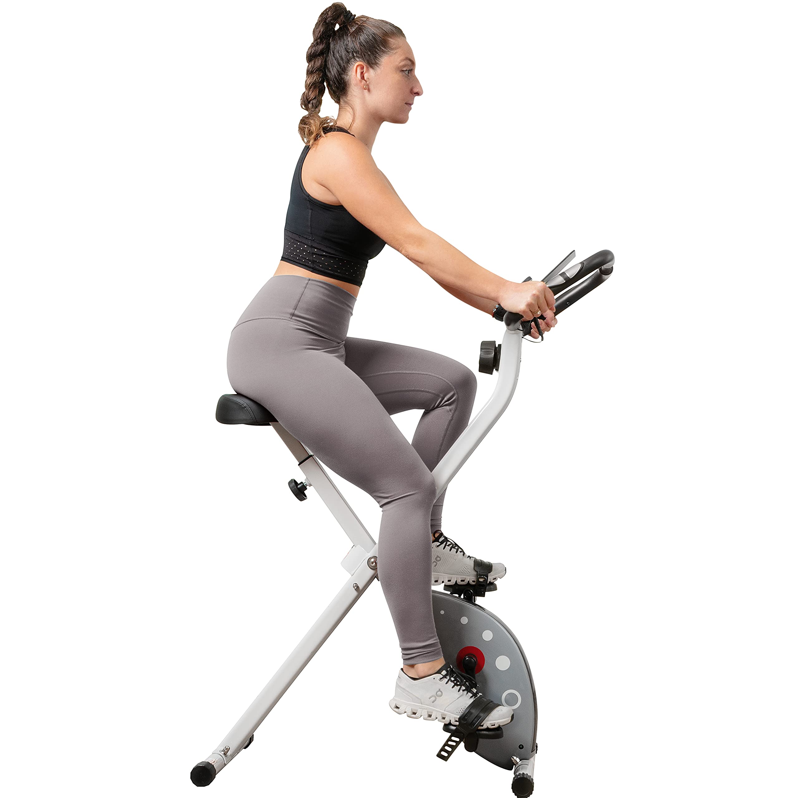 Sunny Health & Fitness Magnetic Foldable Upright Exercise Bike with Device Holder - Perfect for Home Gym, Cardio Workouts & Small Spaces
