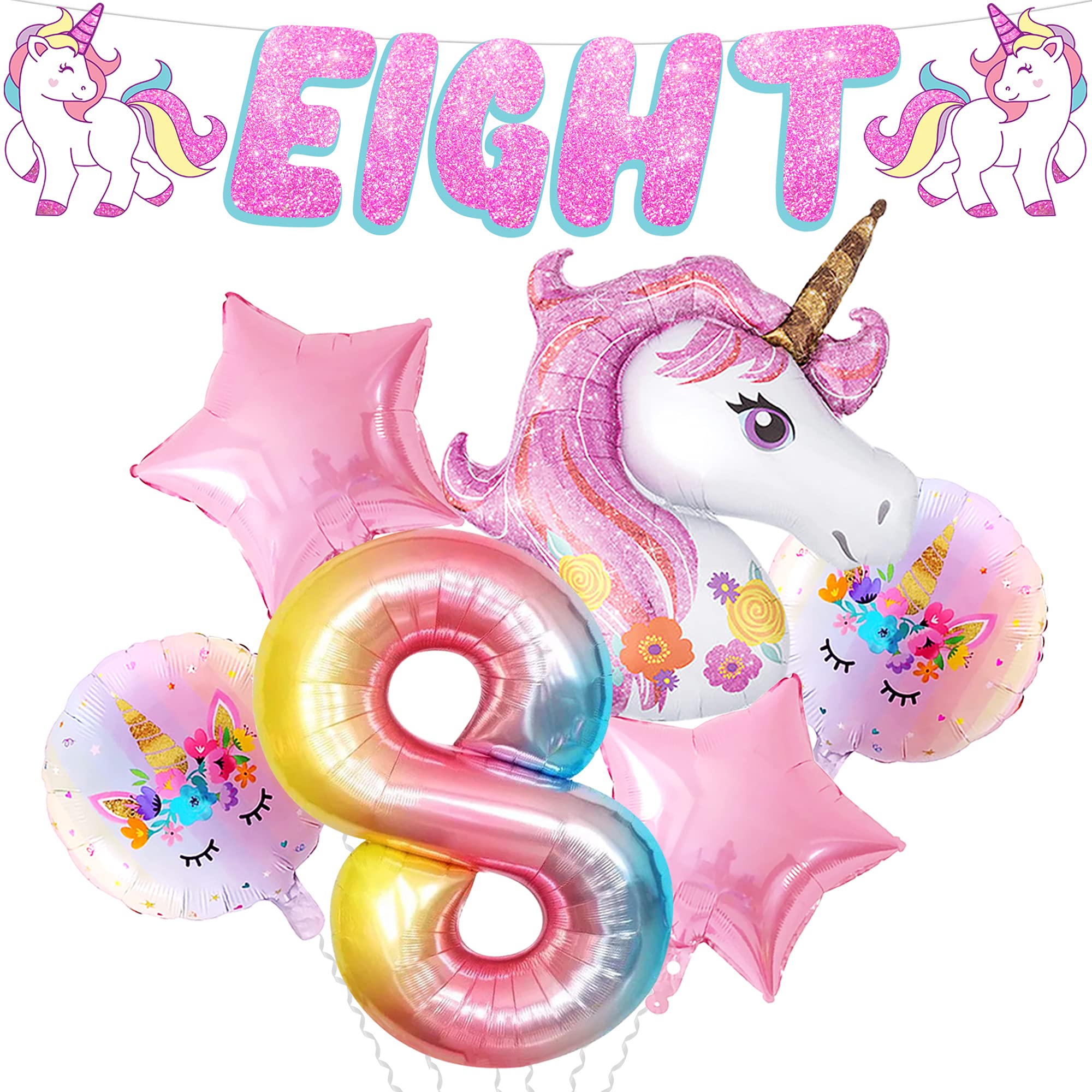 Unicorn 8th Birthday Party Decorations for Girls - Glitter Number 8 Banner, Giant 40-43 Inch Unicorn Balloons, Sparkling Backdrop for Birthday Celebrations | Perfect for Unicorn Themed Parties, Cake Smash Photos & Instagrammable Birthday Decor