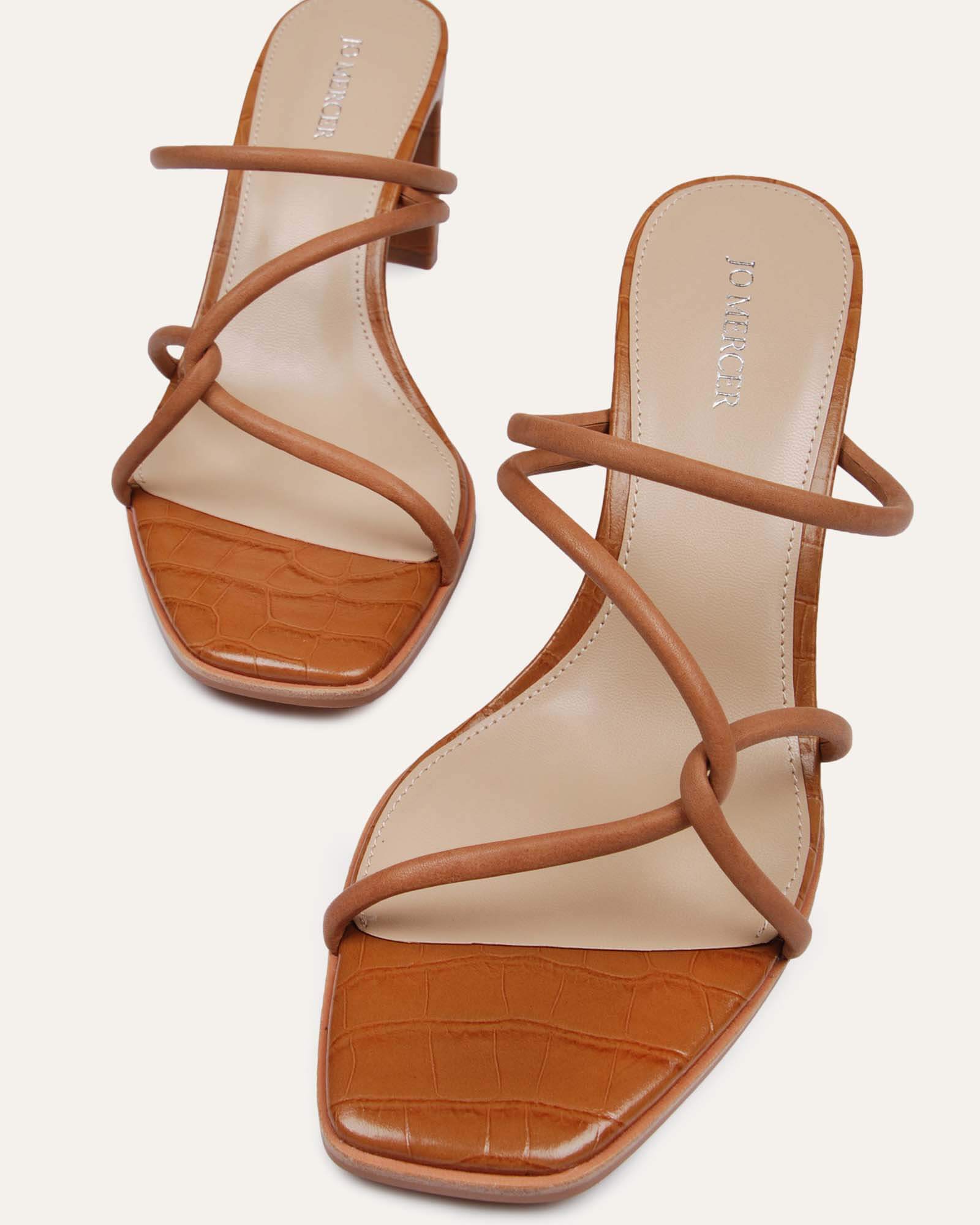 NOVI Women's Mid Heel Sandals - Tan Leather Comfortable Dressy Summer Shoes for Weddings, Parties & Office Wear