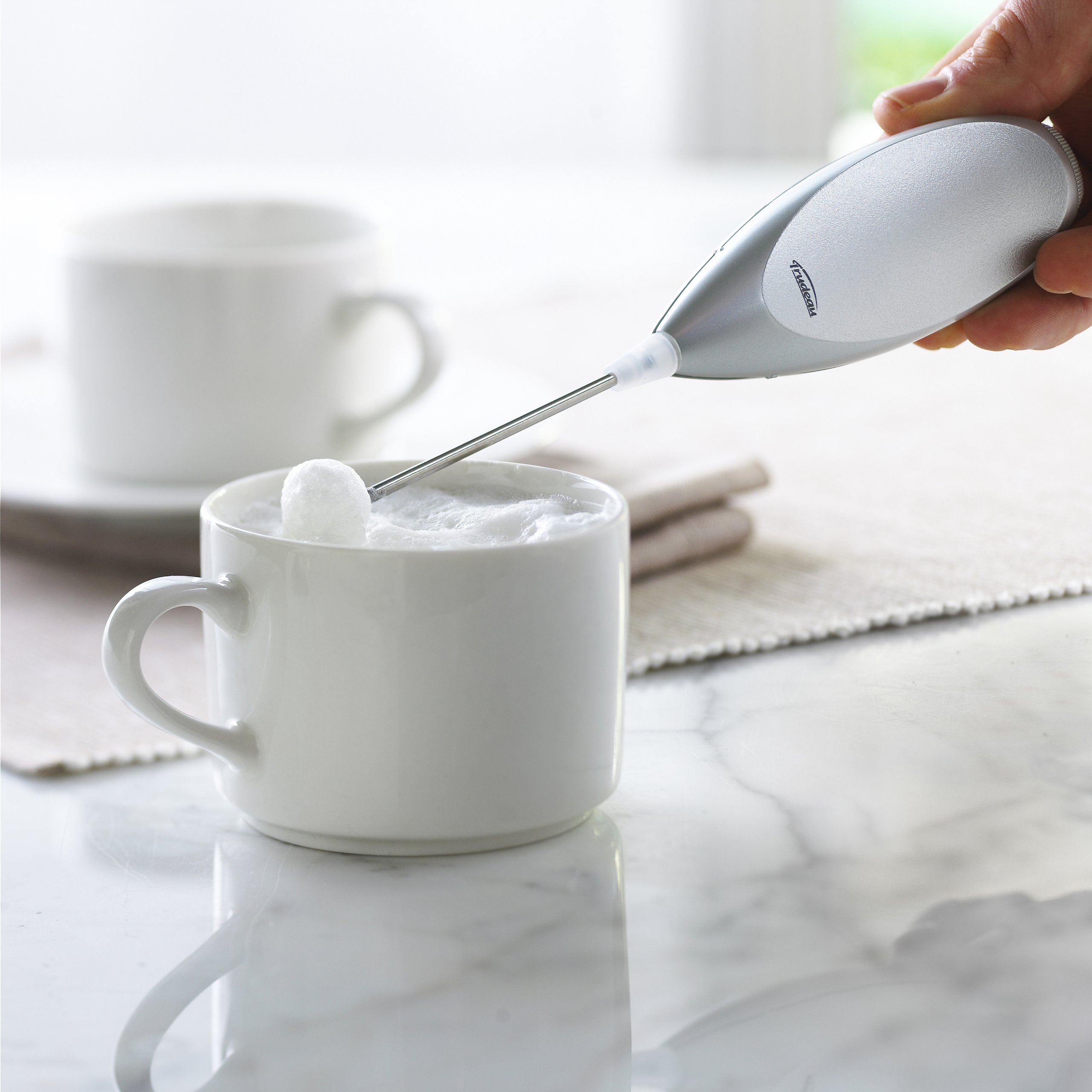 Trudeau Battery-Powered Milk Frother - 9.5 Inch Stainless Steel Handheld Whisk for Coffee, Hot Chocolate & Latte (Silver/White) - Perfect for Home, Office & Cafe Use