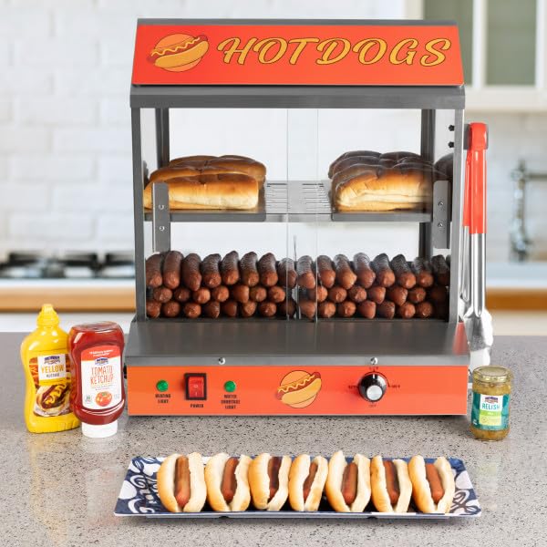 Commercial Hot Dog Steamer Machine - 34.5L Capacity, 1200W Power with Bun Warmer - Holds 175 Hot Dogs & 40 Buns - Great Northern Popcorn Hotdog Maker for Restaurants, Carnivals & Food Trucks
