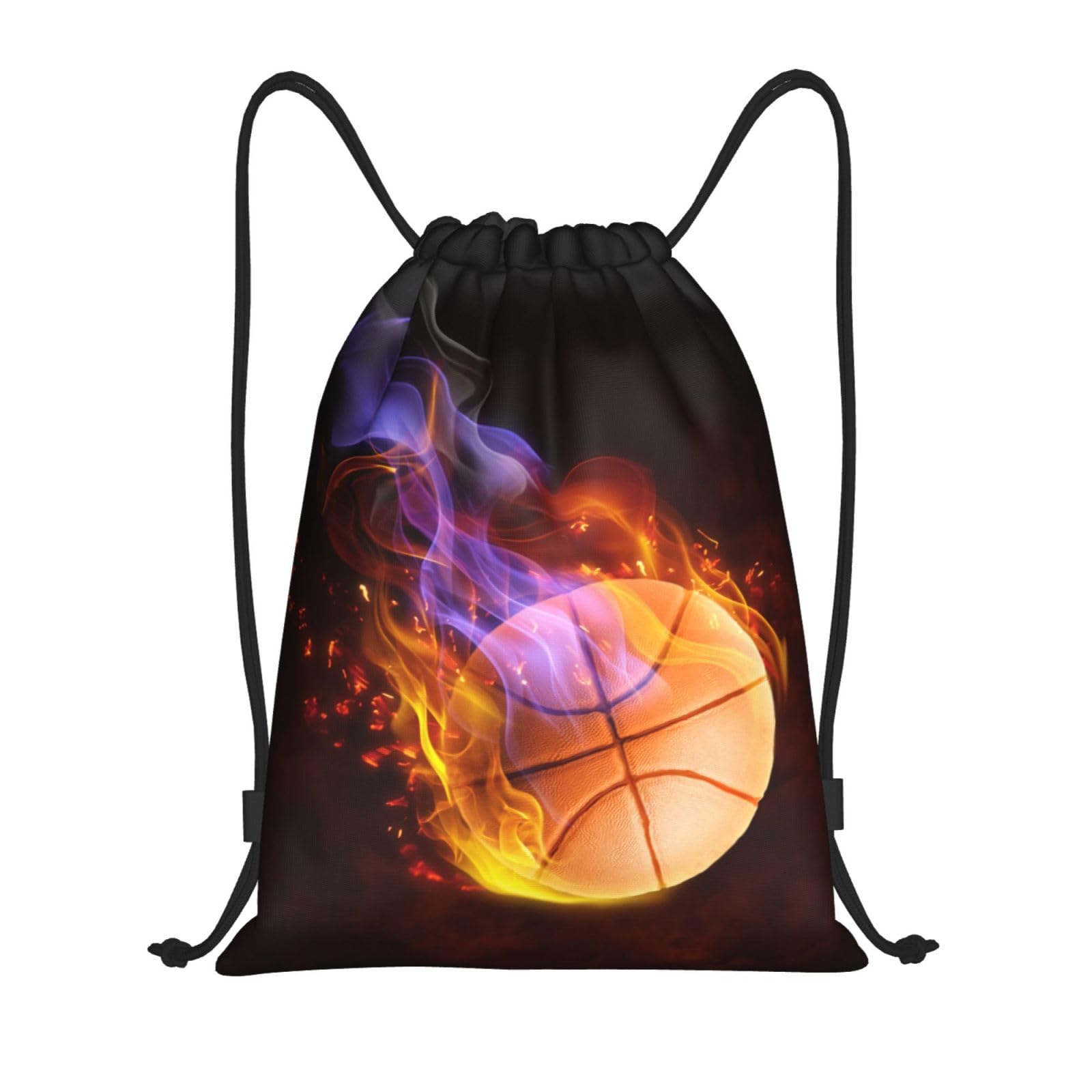 Fire Basketball Drawstring Backpack for Kids, Teens & Adults - Lightweight Sports Daypack for School, Gym, Travel, Hiking & Work - Black Medium Drawstring Bag for Boys, Girls, Men & Women
