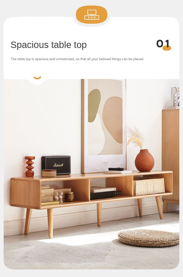 Solid Beech Wood TV Stand with Open Storage - Modern Entertainment Center for Living Room, Bedroom & Home Theater