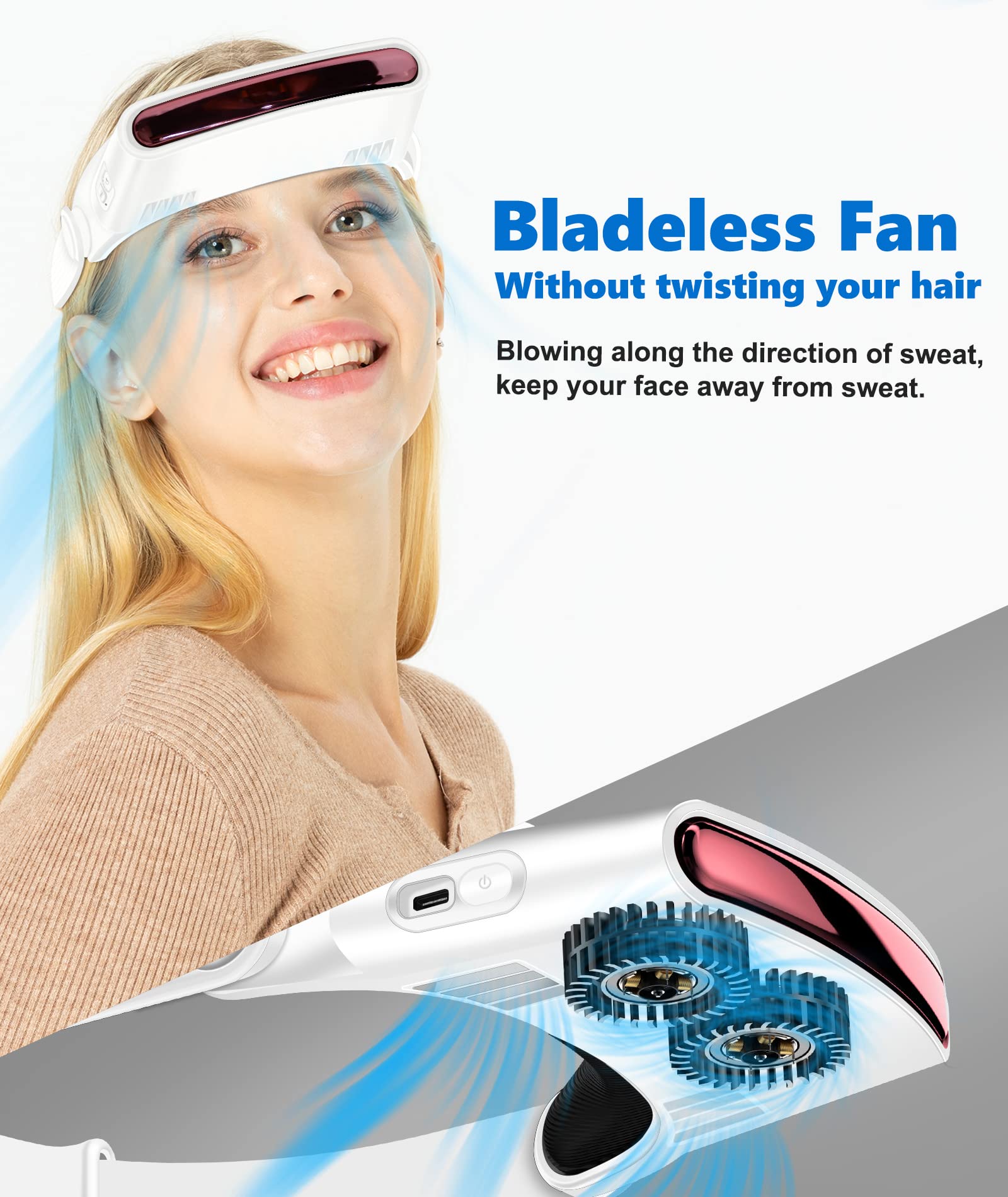 TRELC Hands-Free Bladeless Headband Fan - Rechargeable USB Cooling Sun Hat for Women & Men - Portable Personal Fan for Cycling, Fishing, Hiking, Camping & Outdoor Sports - White (Ideal for Summer Activities, Travel & Hot Weather Use)