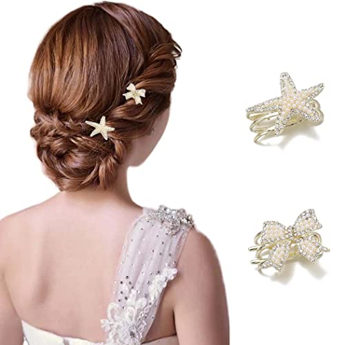 Pearl Hair Claw Clips with Rhinestones - Elegant Starfish Hair Barrettes for Women & Girls (2-Pack) - Perfect for Parties & Weddings